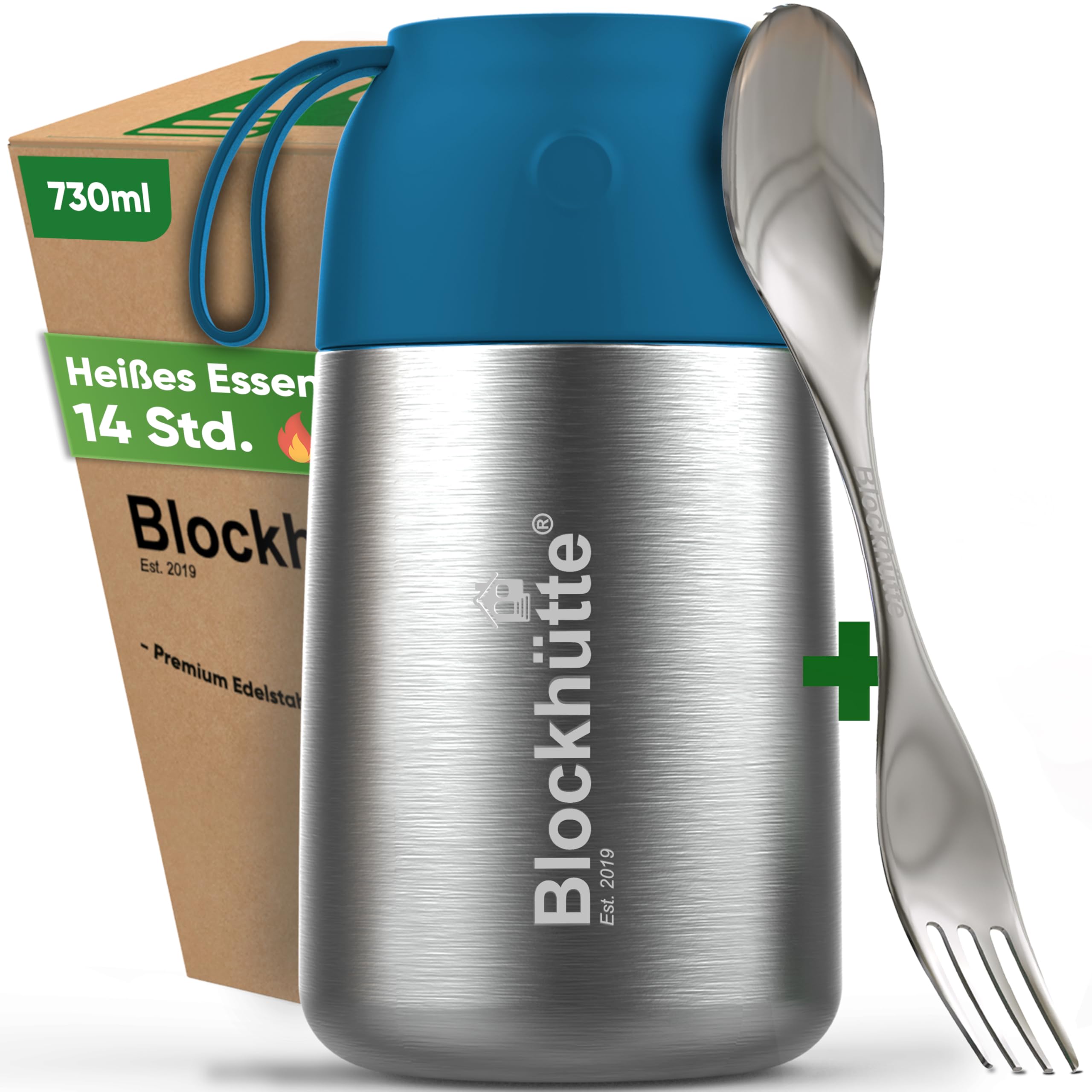 Blockhütte Edelstahl Warmhaltebehälter Essen To Go I 730 ml I Auslaufsichere Thermoskanne für Essen – Thermodosen zum Warmhalten mit Göffel – Wärmebehälter, Thermo Behälter Essen - Blau