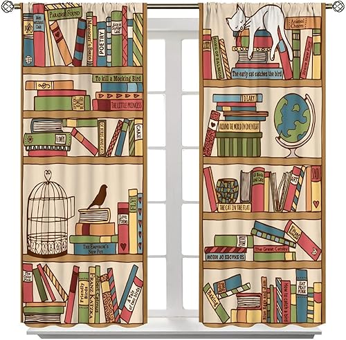 Miniatura 8 de Cortinas para estantería, diseño de gato blanco sentado en el arte, para estudio, escuela, biblioteca, sala de lectura, dormitorio, bolsillo para