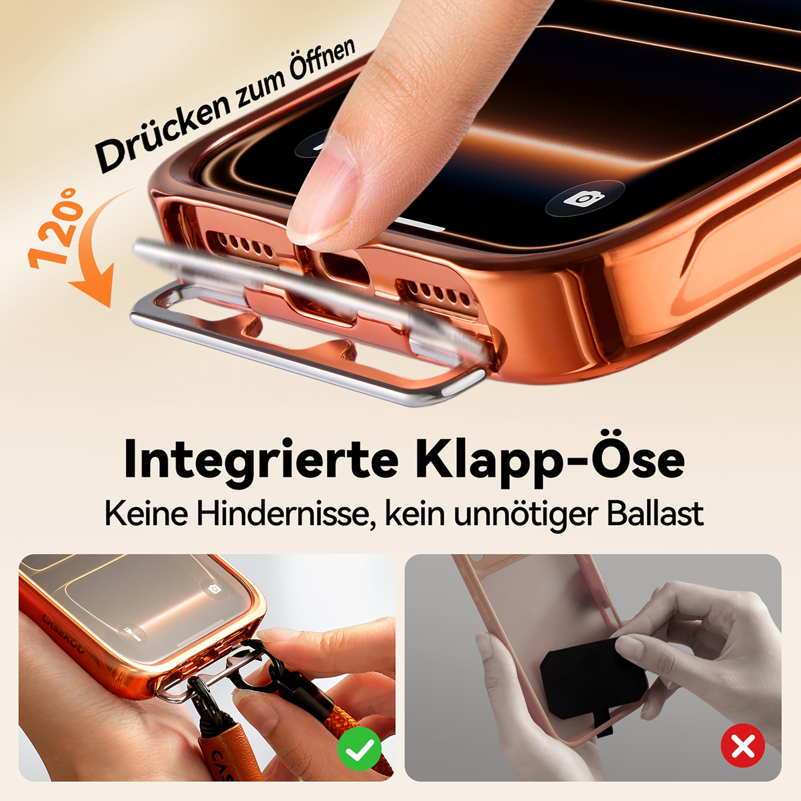 CASEKOO Linkoo iPhone 17 Pro Max Hülle mit Handykette, MagSafe Handyhülle mit ClipSafe Klapp-Clip + Luxury Handyband zum Umhängen, 3-in-1 Anti-Verlust Lanyard, Orange