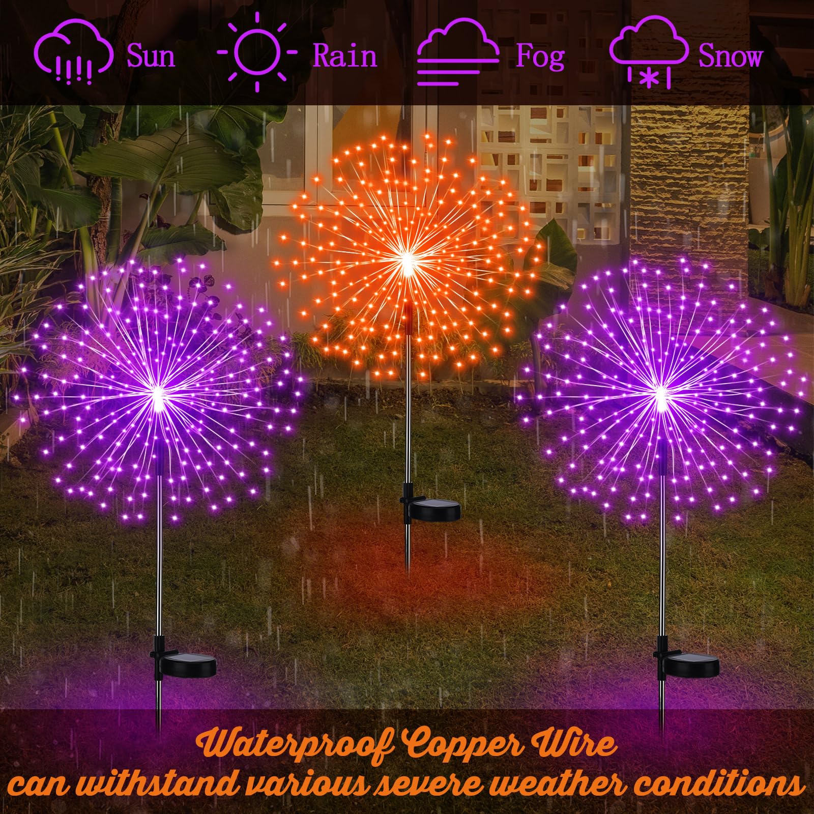 Tujoe Solar-Feuerwerk-Lichter, 180 LEDs, 8 Modi, wasserdicht, für den Außenbereich, Dekoration für Halloween, Weihnachten, Urlaub, Garten, Terrasse, Hof, Weg, Gehweg, Orange, Lila, 6 Stück
