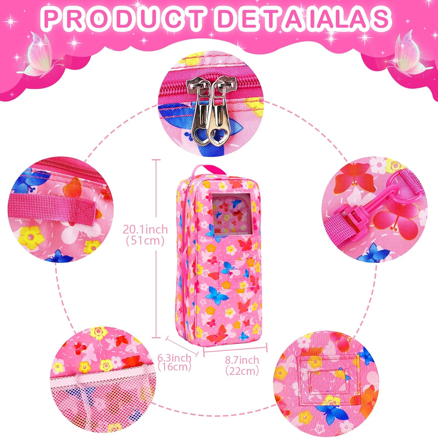 ZITA ELEMENT American 18 Inch Doll Butterfly Design Carrier Case Travel Bag, Crossbody Shoulder Bag Backpack with Accessories: Dress, Sunglasses, Hair Clip, Bracelet and Cushion