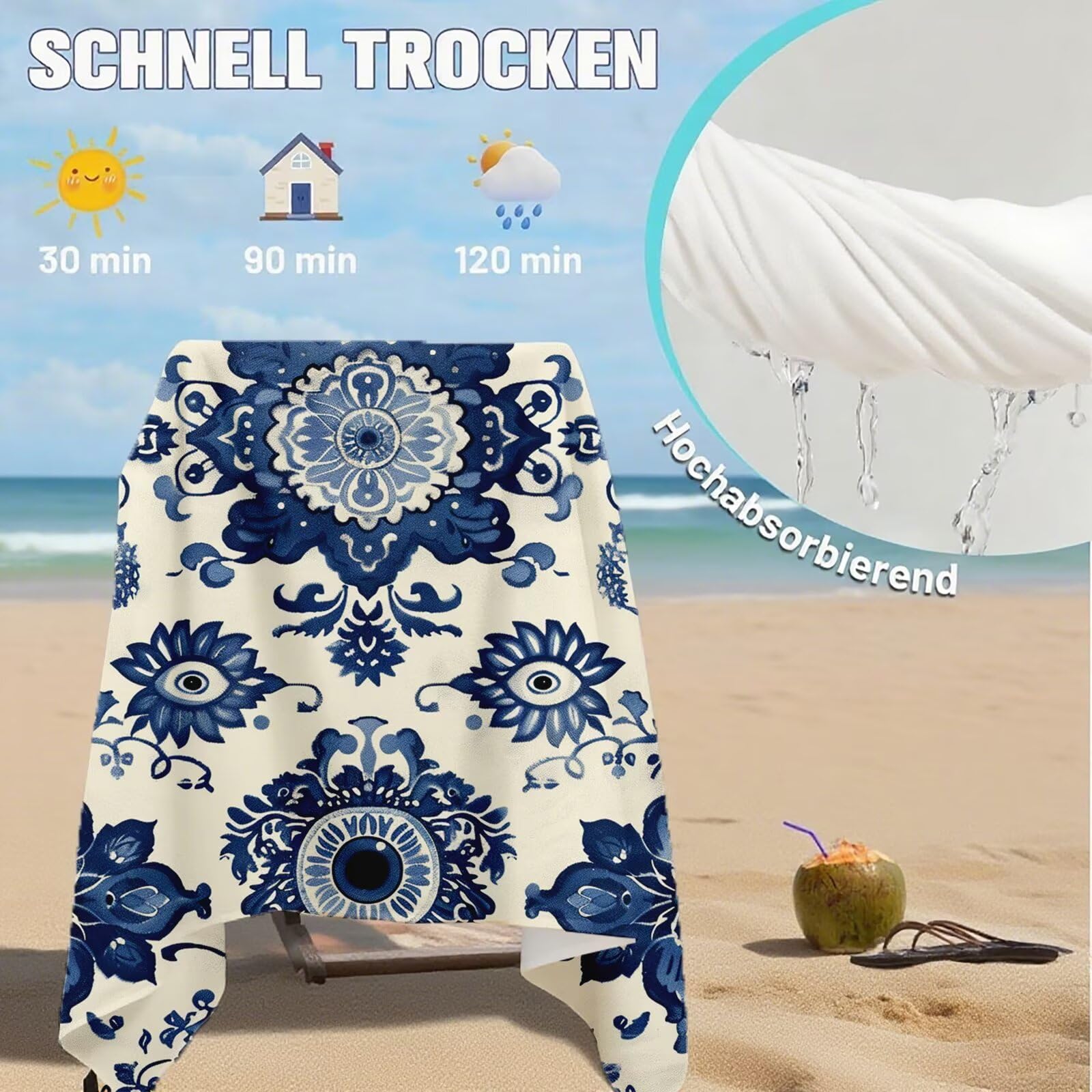 Toallas de Playa Microfibra Azul Toalla Playa Grande 100x180 cm Mujer Hombre Secado Rápido Absorbente Toallas Gimnasio Suave Sin Arena Ligera Toalla Microfibra para Playas Piscina Viajes Camping Q-720