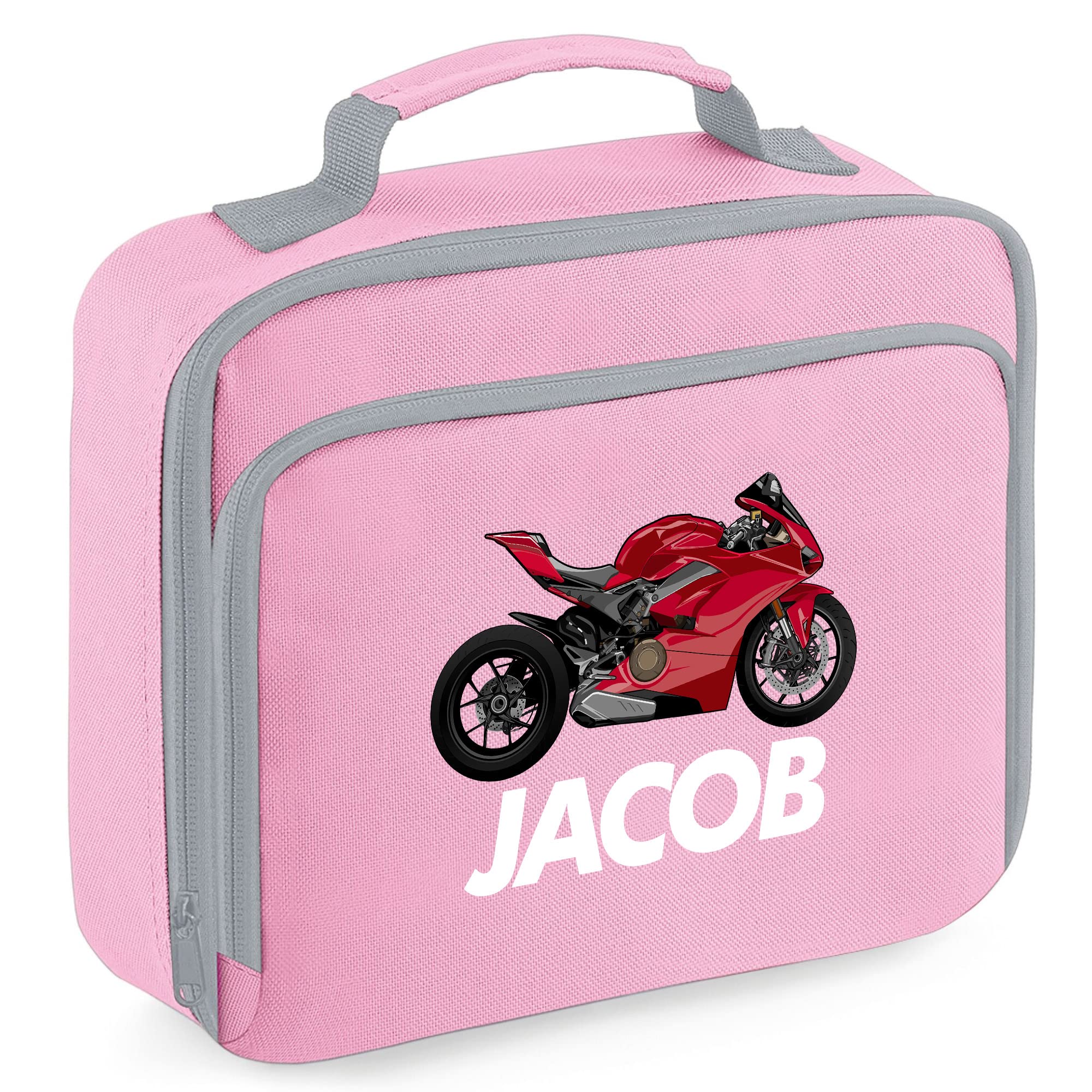 Personalised Super Bike Lunch Cooler Bag, Boys Back to School Gifts, Custom Bags for Kids Who Loves Motorbikes, Primary or Nuresery Girls Lunch Bags, Childs Lunch Box, 24cm x 20cm x 8cm, Pink