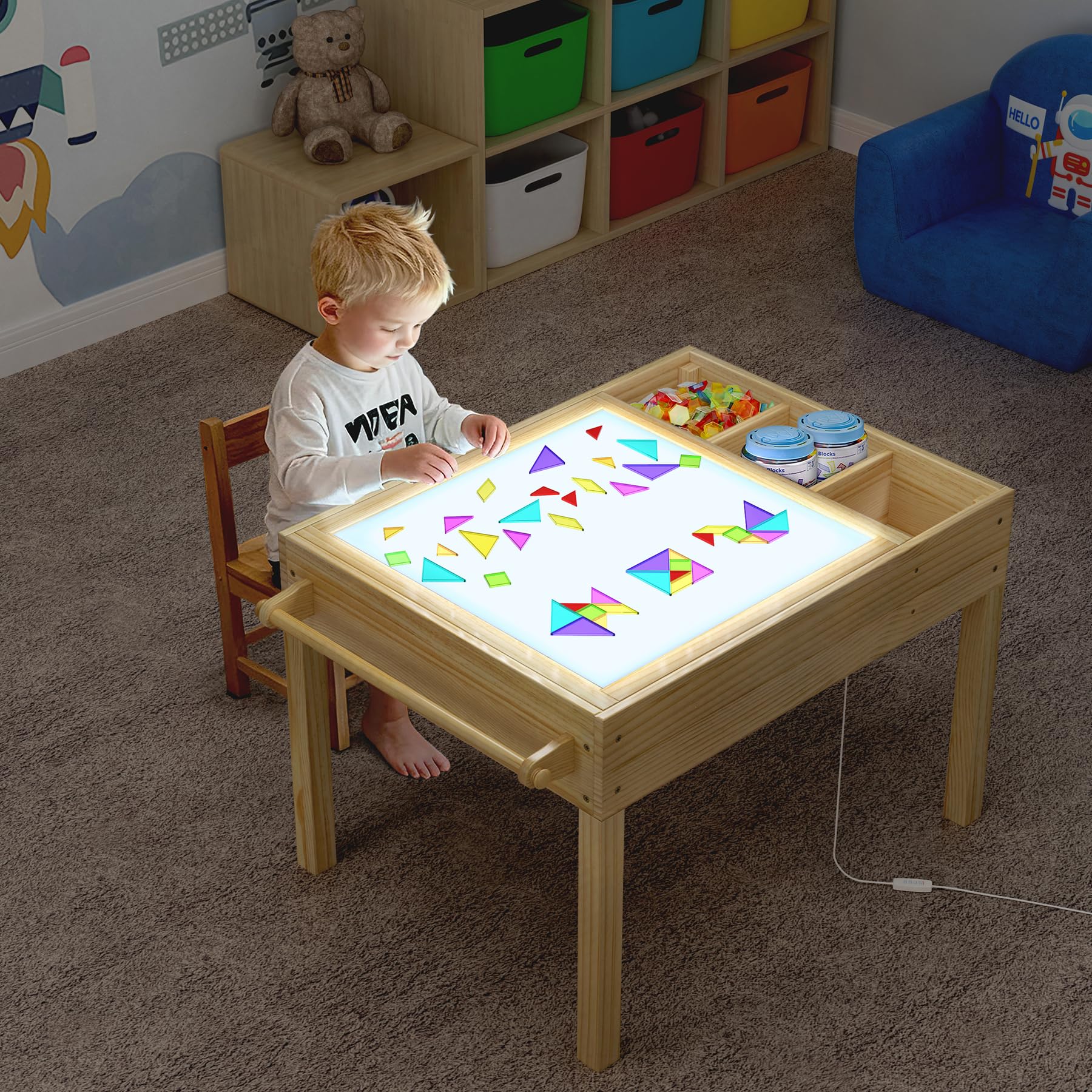 GDLF Tavolo luminoso per bambini, 3 in 1, tavolo per attività per bambini, con contenitore, sensore a LED, mattone da costruzione e postazione artistica, con supporto per rotolo di carta, per bambini