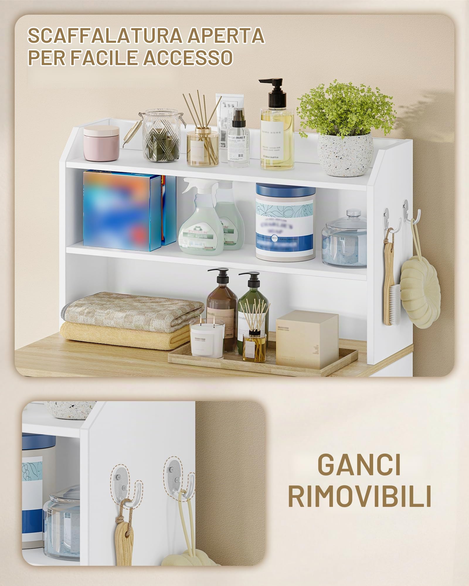 Hzuaneri Mobile Lavatrice, 50 x 68 x 128 cm, Bianco-Rovere | Mobile Sopra Lavatrice, Scomparti Aperti, Scaffale da Bagno, Adatto per lavatrici e asciugatrici, LR00103X