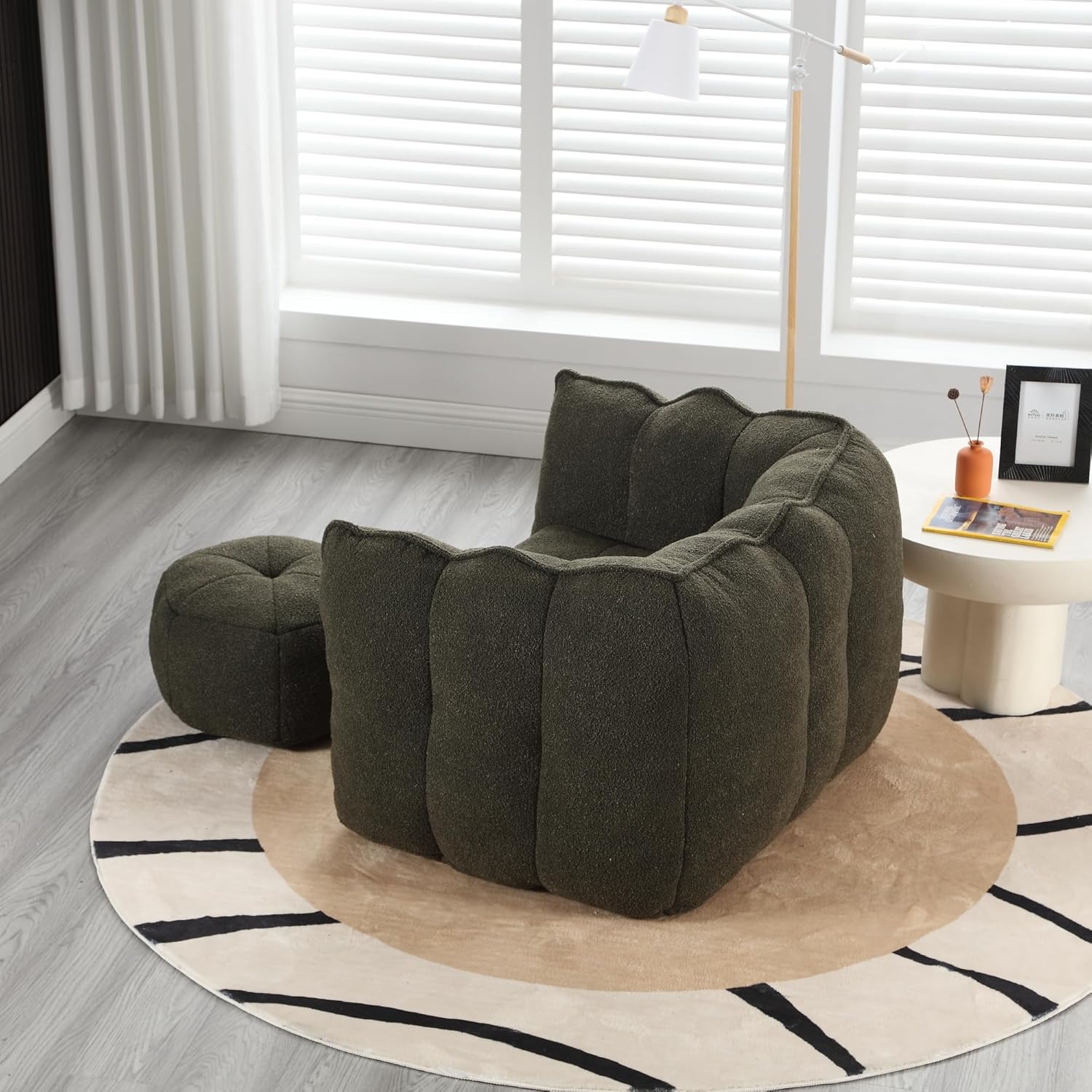 Bean Bag Chair with Ottoman, Square Lazy Sofa with Footstool & Armrest, Bean Bag Chair with High Resilient Foam, Accent Beanbag Couch for Adults to Gaming, Reading, and Watching TV, Olive Green