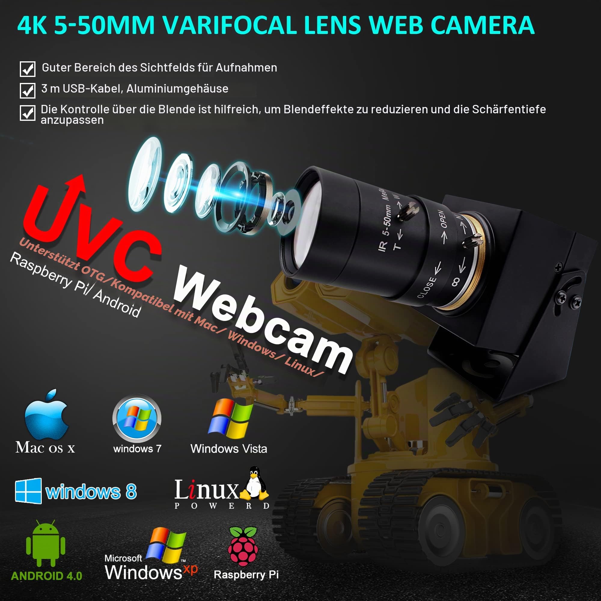 ELP USB Kamera 4K mit 5–50 mm 10-Fach optischem Zoomobjektiv 2160P OpenCV Nahaufnahme Zoom hinein und heraus Webkamera Videokonferenzkamera für Computer Laptop Jetson Nano Raspberry Pi