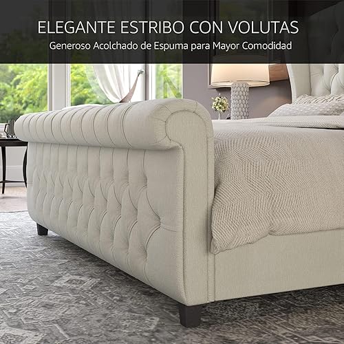 Miniatura 6 de AMERLIFE Estructura de Cama de Plataforma Tamaño Queen, Cama Trineo Tapizada de Chenilla con Cabecero de Respaldo Alado con Voluta y Pie de