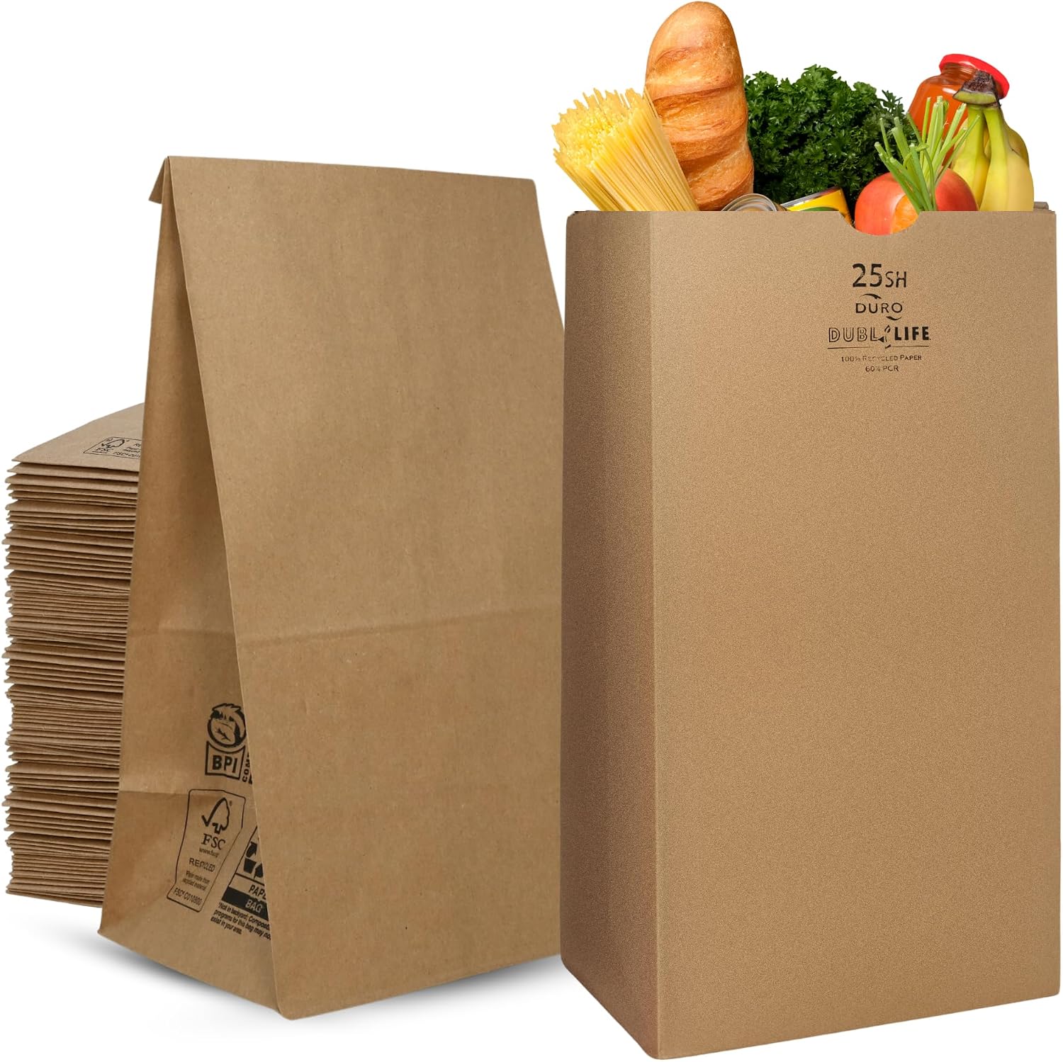 Duro 18428 25# Short Brown Kraft Paper Bags, 8.25 x 6.12 x 15.87 In, 100 Ct | 40# Paper, Flat Bottom Stands Upright, 60% Post-Consumer Recycled Content, Wide Opening for Bread, Deli, Groceries and Orders