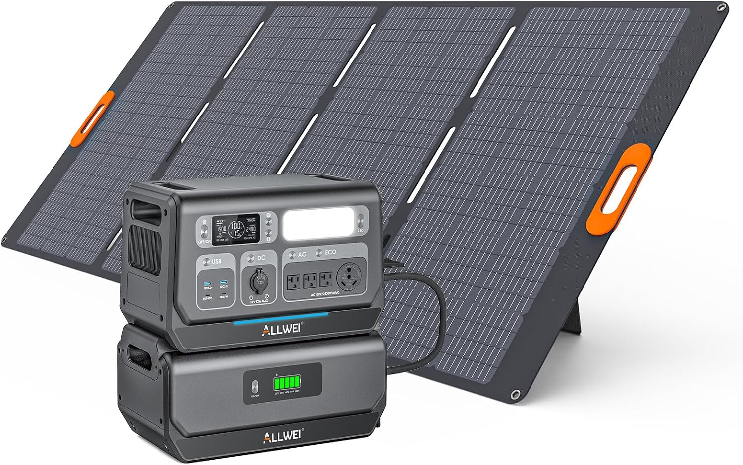 ALLWEI 2400W Moveable Energy Station (Surge 4800W) with 1x400W Photo voltaic Panel and 1x2048Wh Enlargement Battery Included, 4 AC Outlet, LiFePO4 Battery Backup Generator for RV Tenting Emergency Outside Dwelling