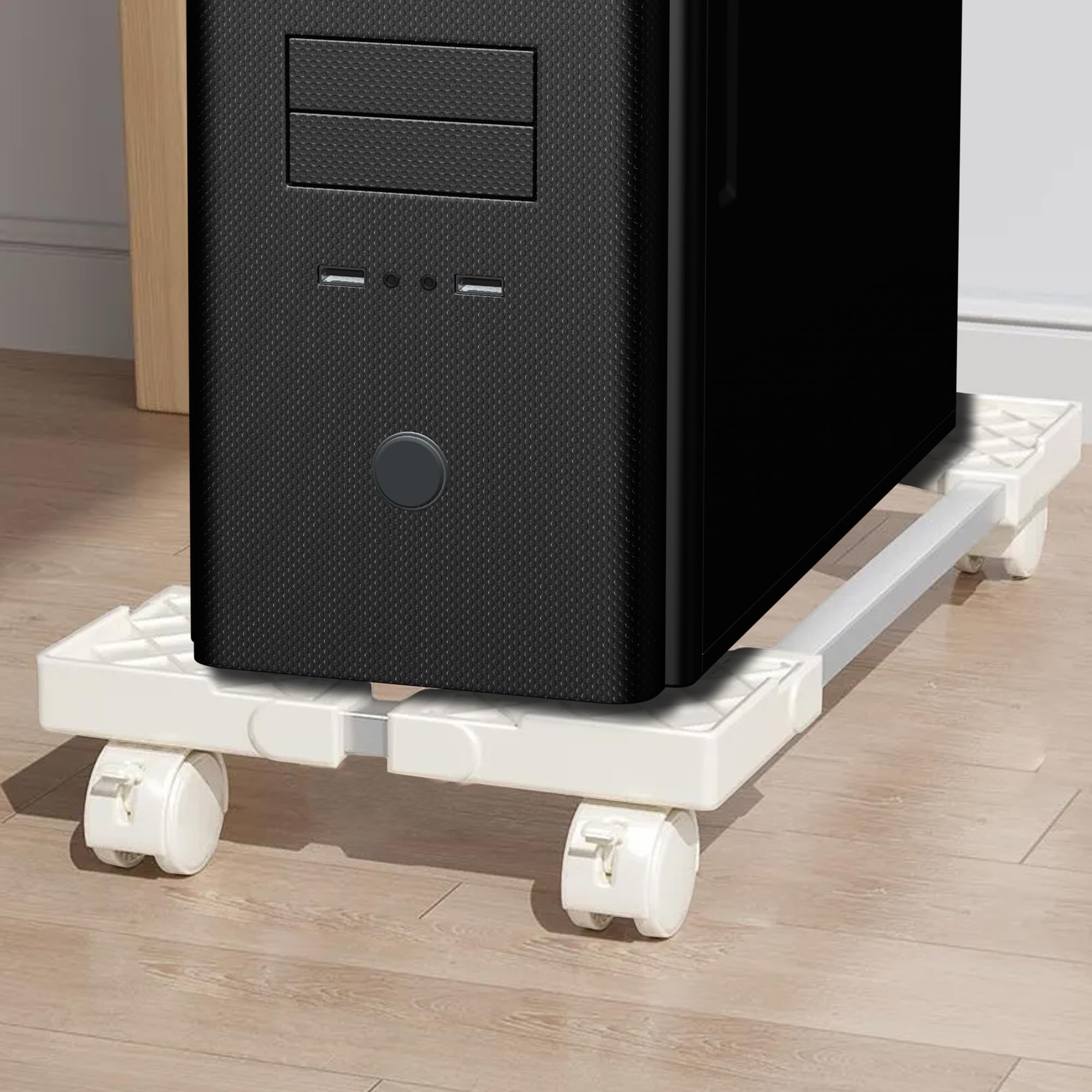 Supporto PC Tower con Ruote Base Regolabile: Telaio in Metallo Robusto per Raffreddamento e Mobilità CPU – Per Lavoro da Casa (Bianco)