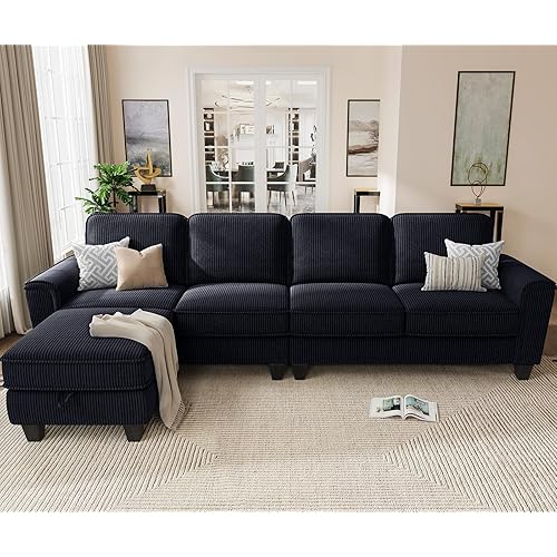 KKL Modular Sectional Sofa Couch for Living Room, 106 Inches L Shaped Couch with Storage, 5 Seater Corduroy Home Sofas, Modern Couches with Chaise for Apartment, Sofas para Sala, Navy Blue