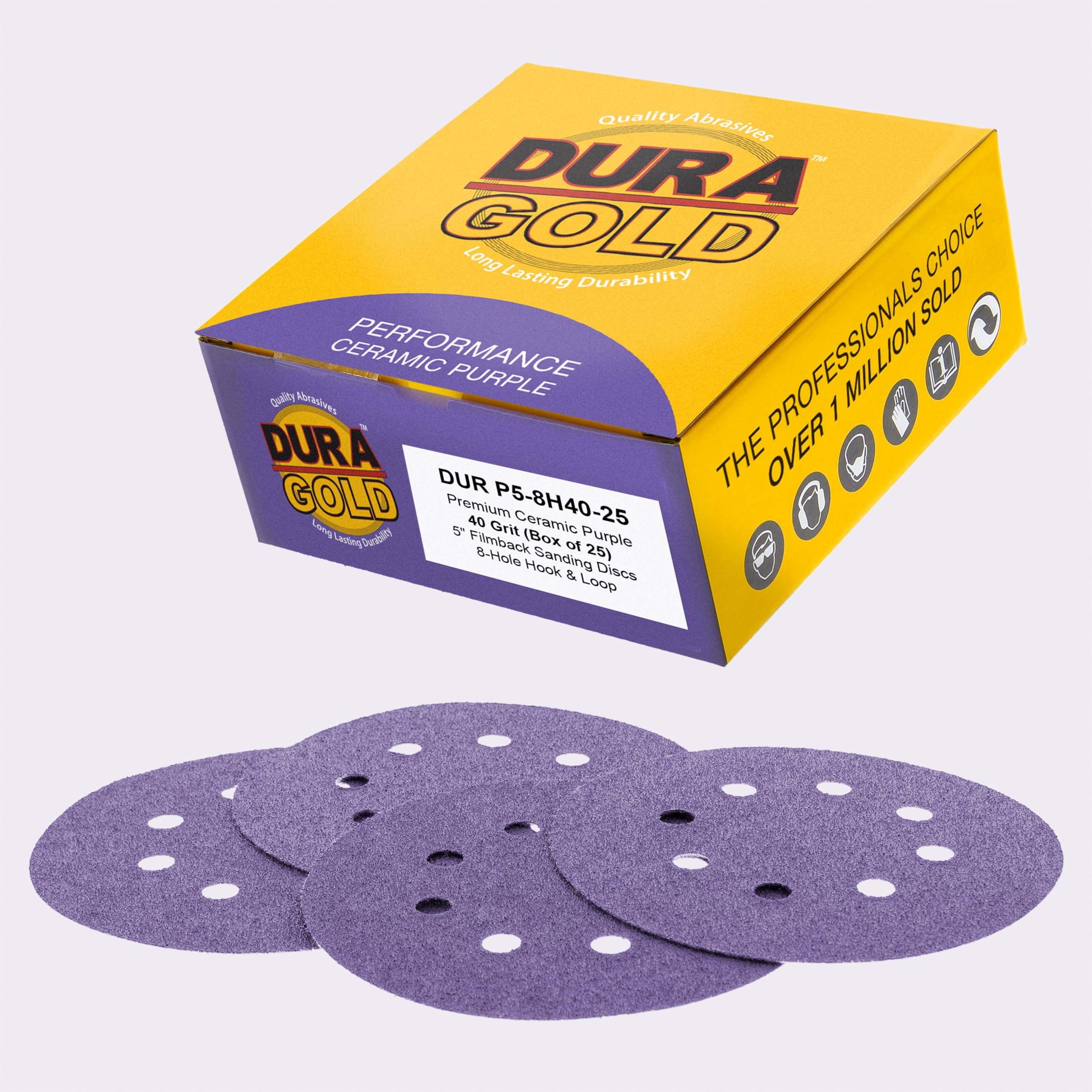 Dura-Gold Premium 40 Grit 5" Purple Film Ceramic Sanding Discs, 8-Hole Pattern, Box of 25 - Dustless Hook & Loop Backing Sandpaper for DA & Random