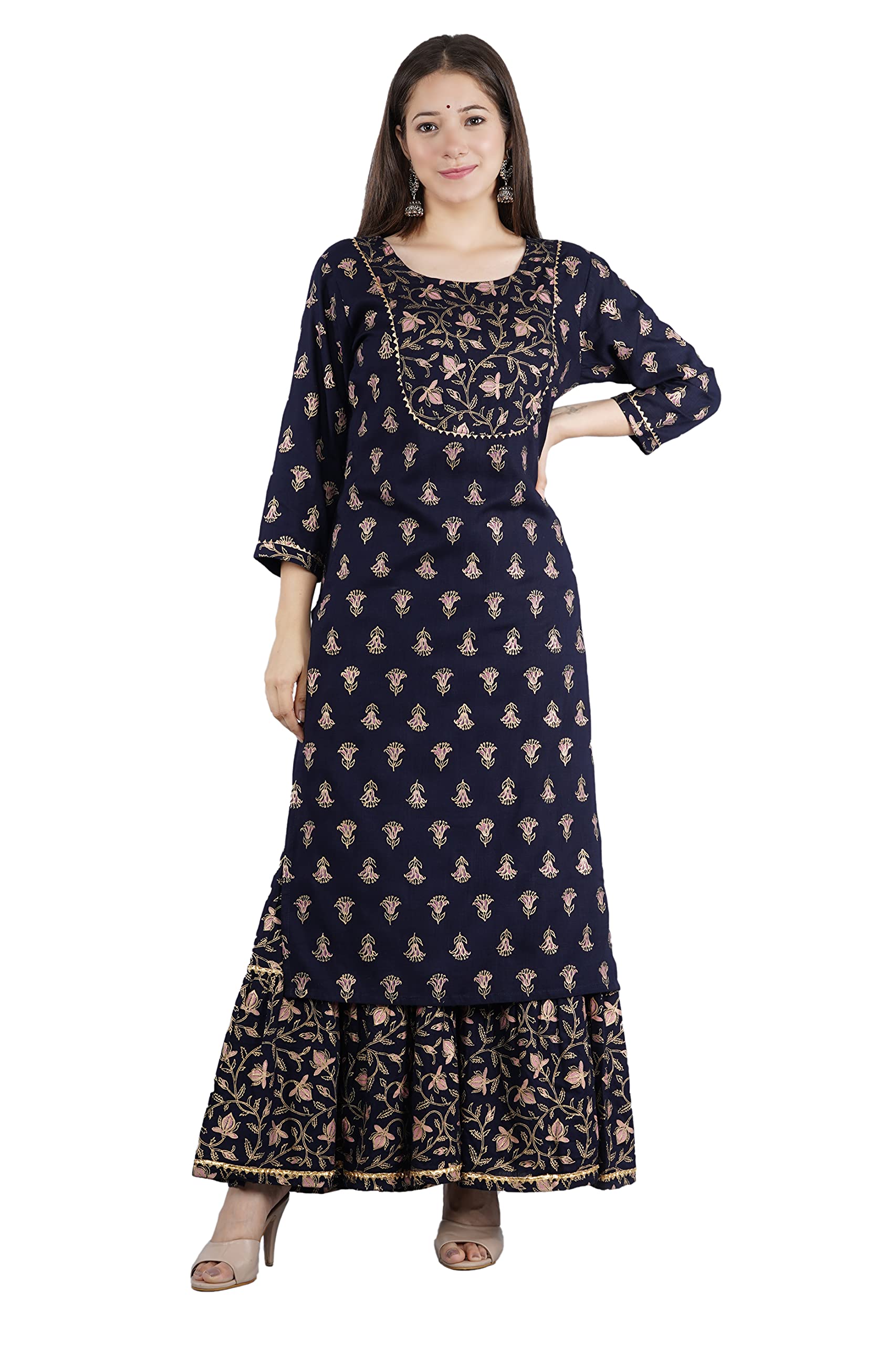 VIYANA COLLECTION Women Rayon Straight Golden Foil Printed Kurti with Sharara Set