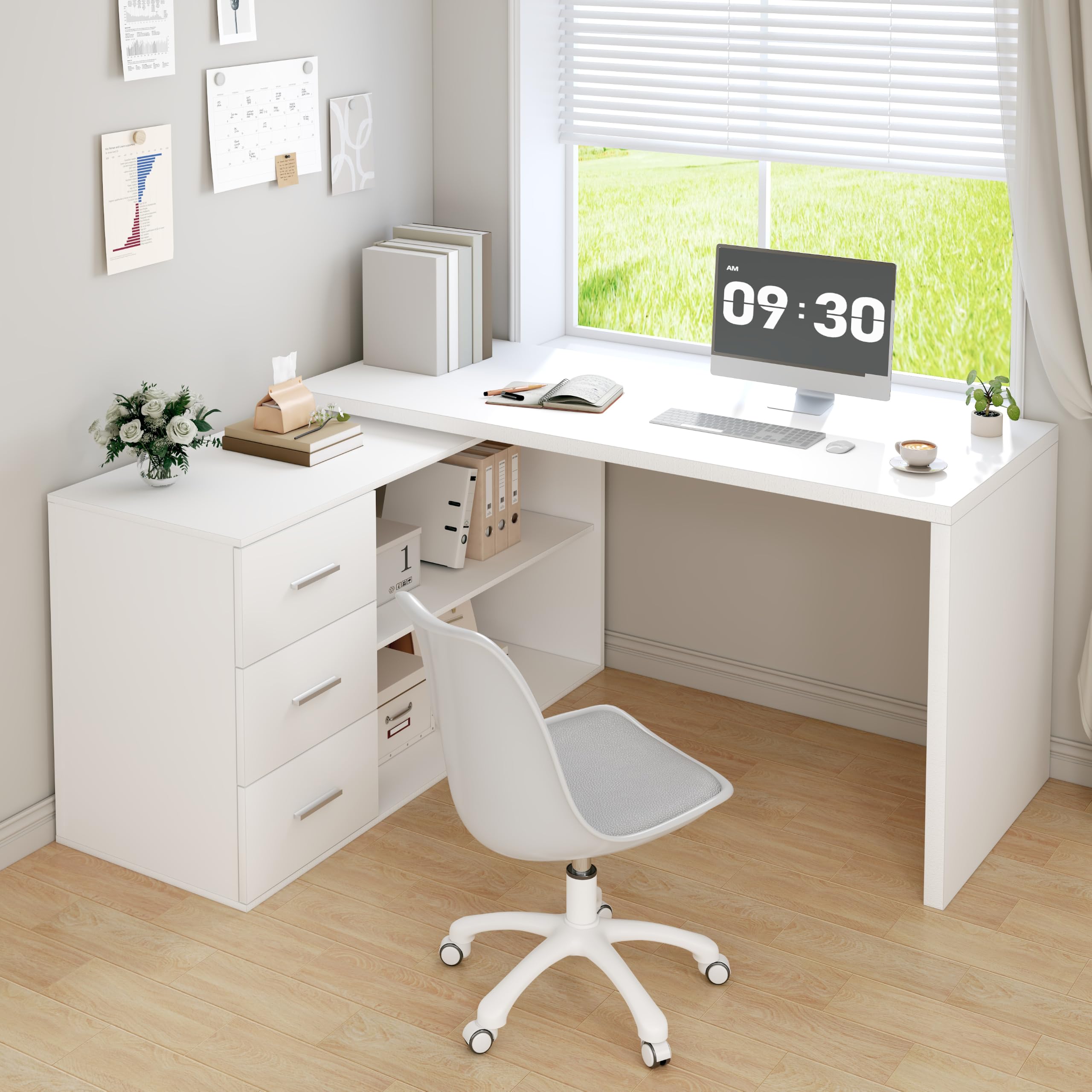 Amazon.com: HSH White L-Shaped Computer Desk with 3 Drawers and 2