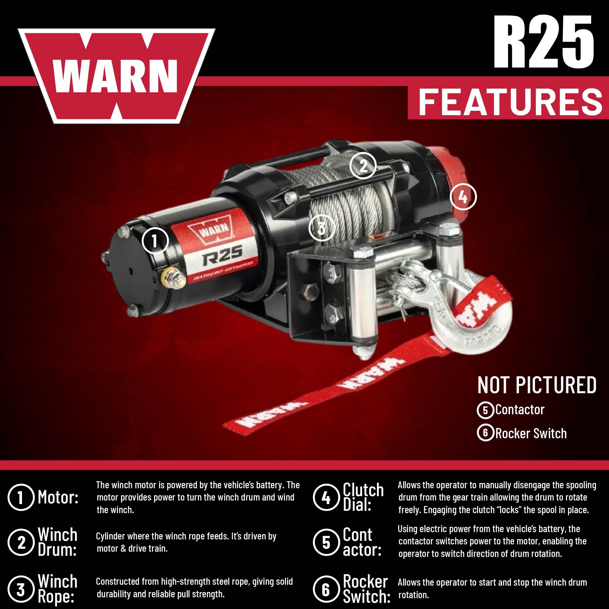 Warn R25 Drahtseilwinde, 1,1 kg Zugleistung, ausgestattet mit 1,5 m Stahlseil und fernmontiertem Wippschalter – Rollen-Fairlead für ATV, UTV, Side by Side, SXS Recovery & Abschleppen