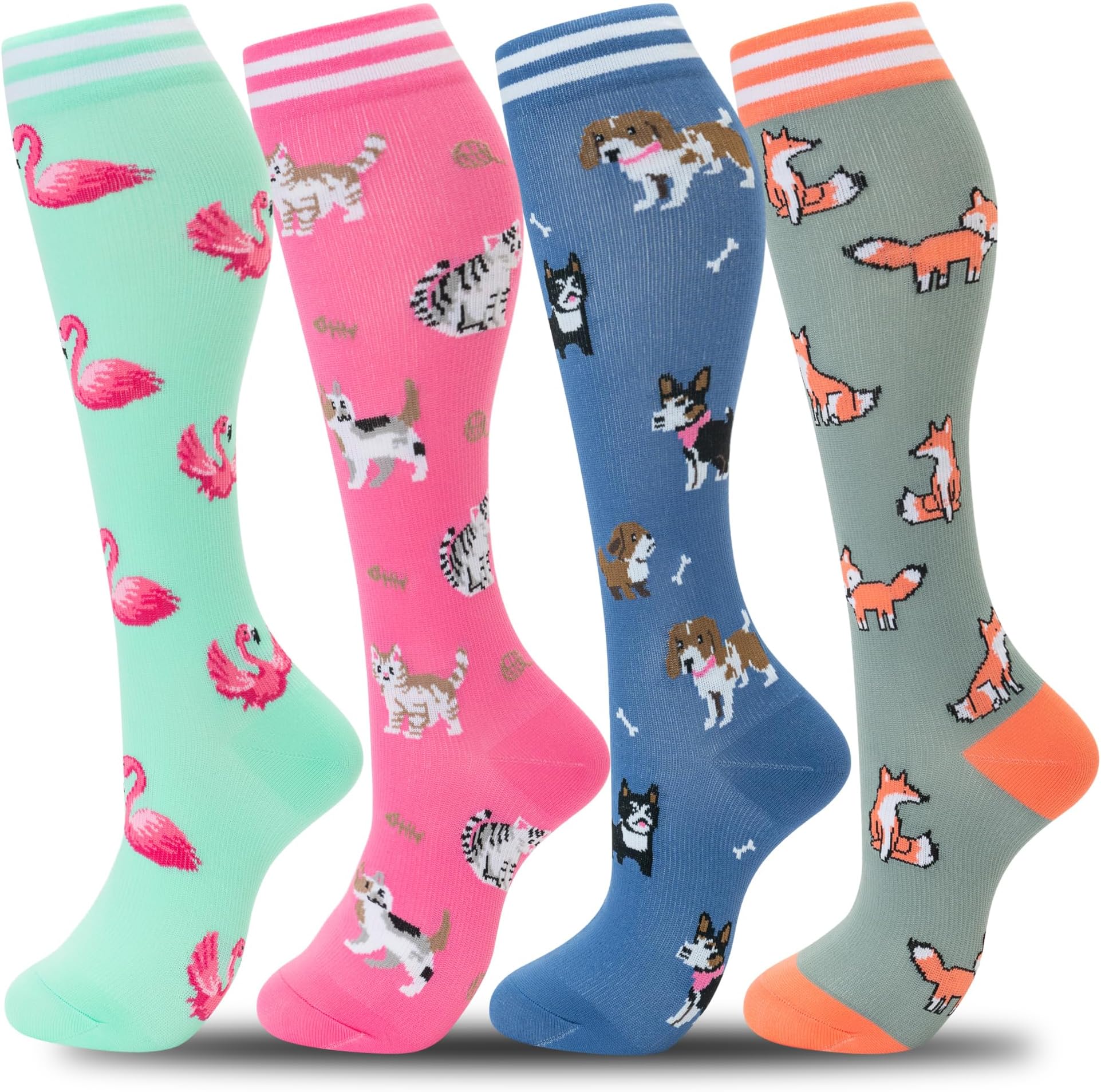 Compression Socks Women Men 4 Pairs, Knee High Support Socks for Running, Sports, Travel, Flight, Nurse