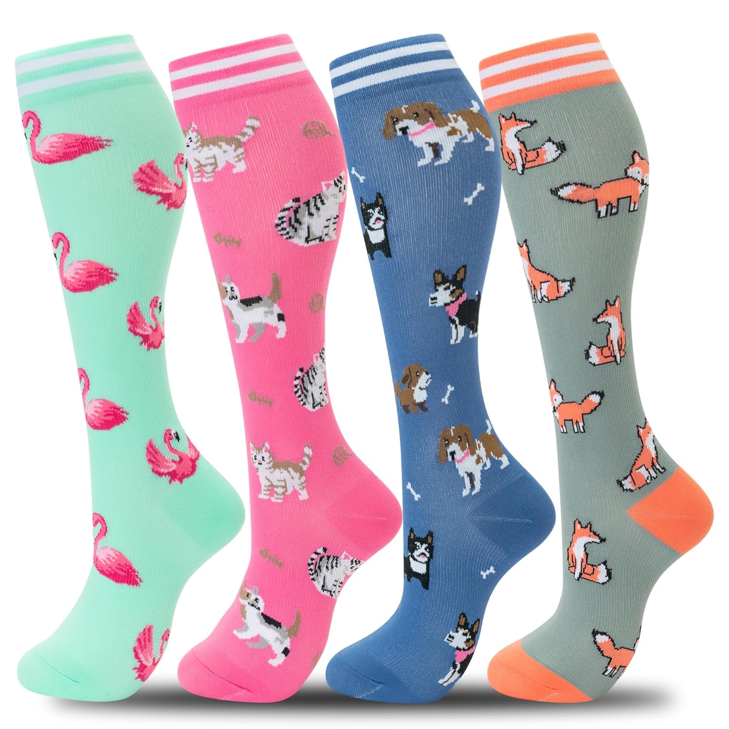 fenglaoda Compression Socks Women Men 4 Pairs Knee High Support Socks for Running Sports Travel Flight Nurse