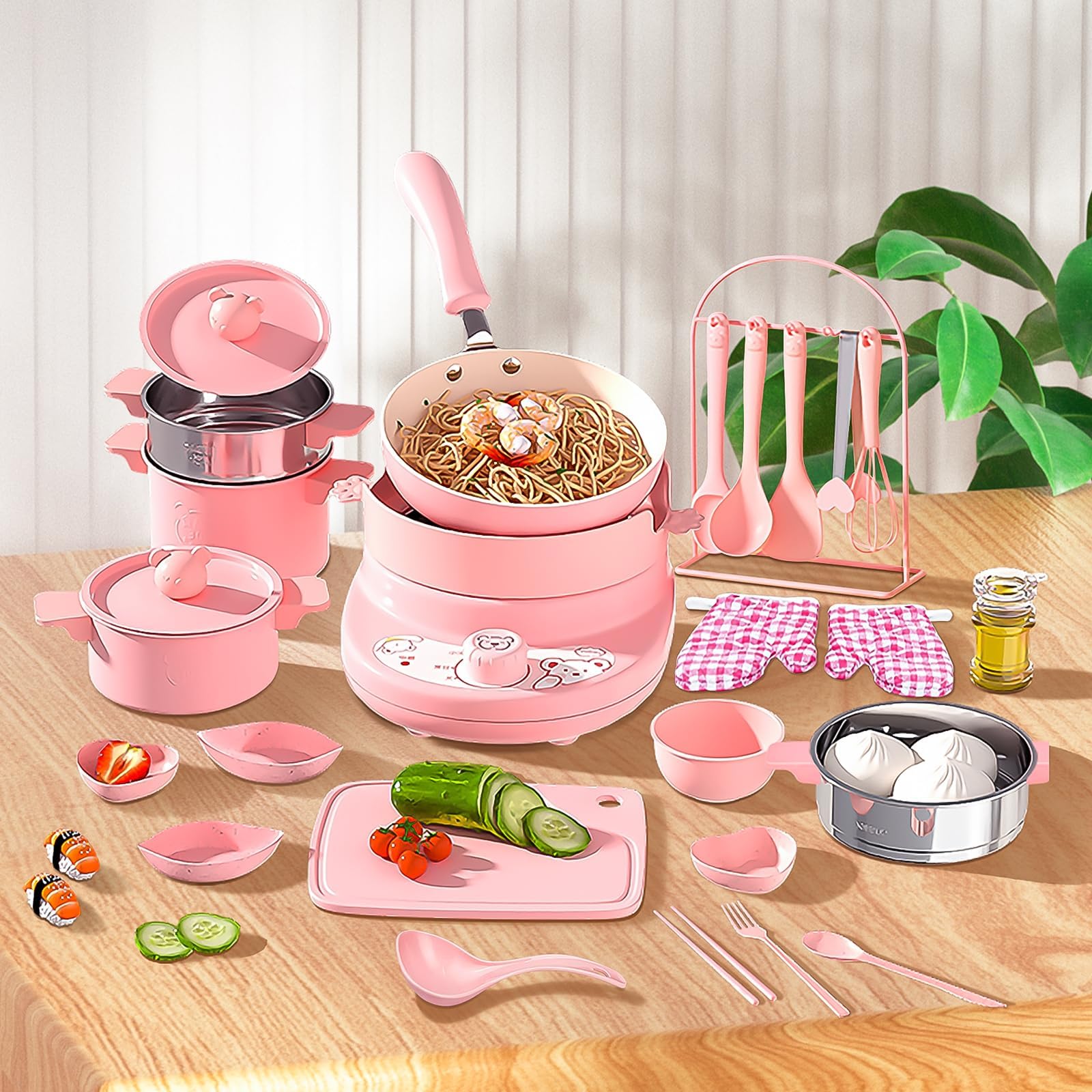 Mini Cooking Sets Real Easy Montessori Kitchen Safe Tools Making for Beginner Cooking Educational（Pink）
