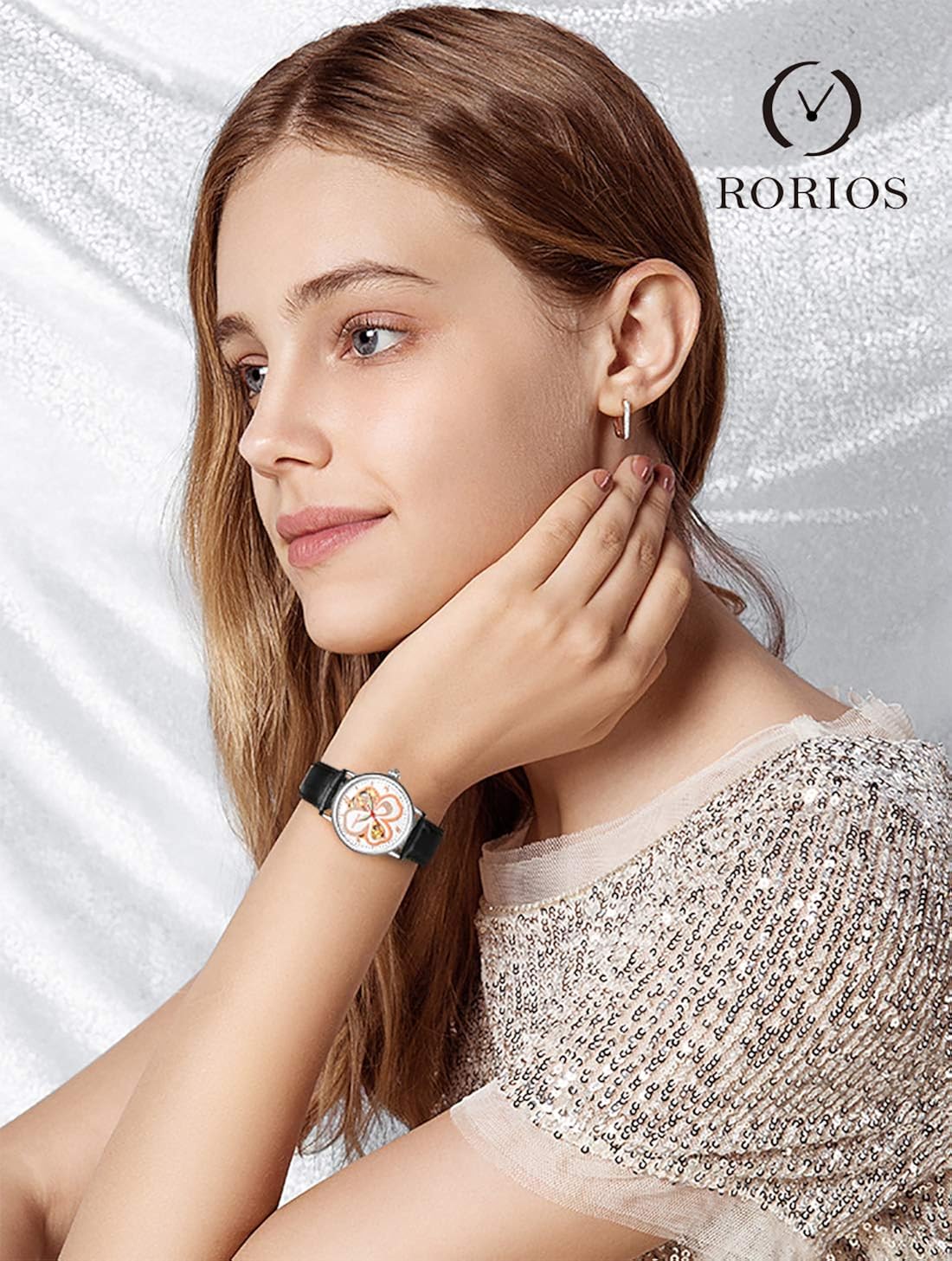 RORIOS Automatic Mechanical Watch for Women Luminous Simulated Diamond Skeleton Ladies Watches, Black Clover B, Strap - Image 3