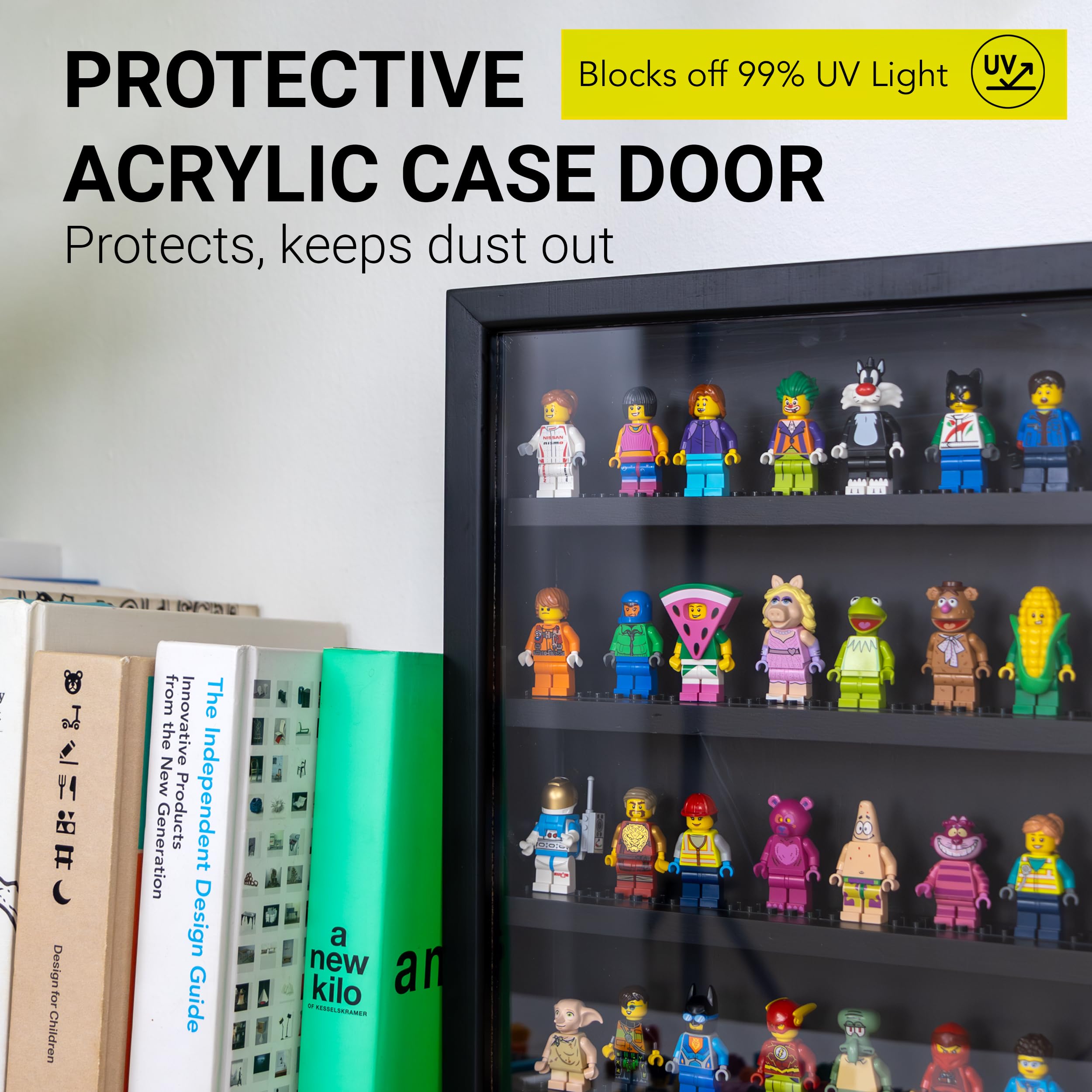 Minifigure Display Case, Lego Building Block Toy Miniature Action Figure Display Case for Lego Mini Figure Display Case Minifig Display Case Mini Figure Display Cabinet, Number Lock (Pine)