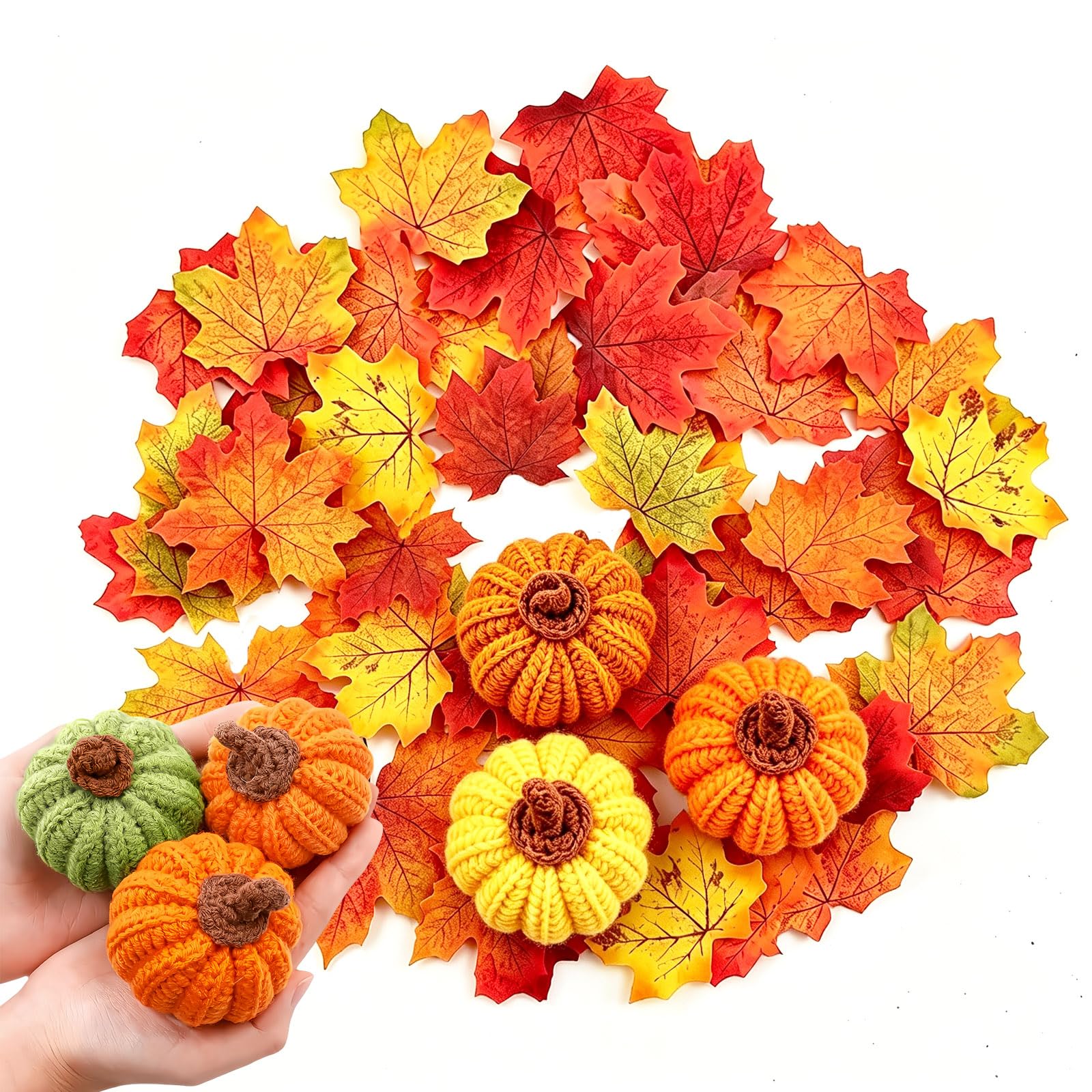 6P Knitted Artificial Pumpkins 100P Maple Leaves Autumn Home Decor Set