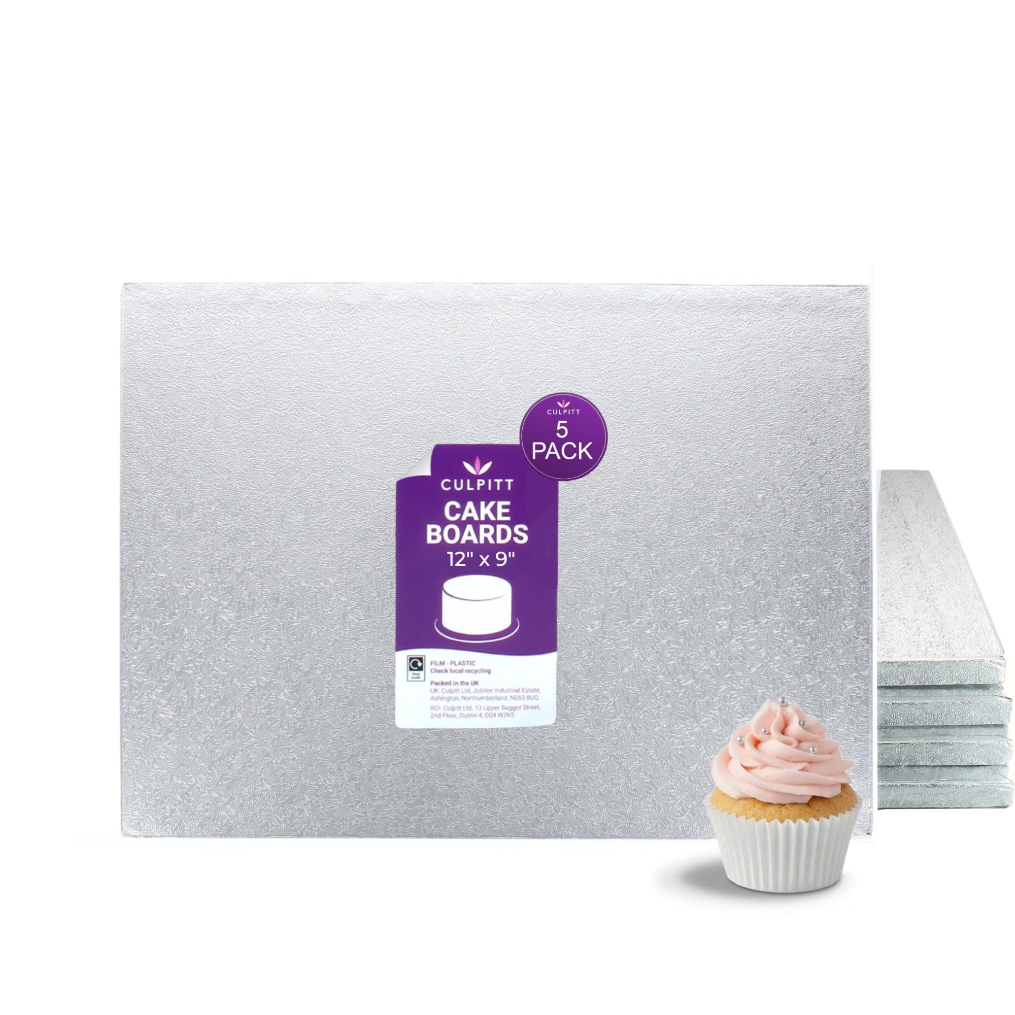 Culpitt Silver 12" X 9" Cake Board | 5 Pack | Oblong Cake Drum, Rectangular, 0.5 Inch (13Mm) Thick, Pack Of 5 Boards For Tray Bakes, Cakes, And Cupcake Displays | - Pack Of 5