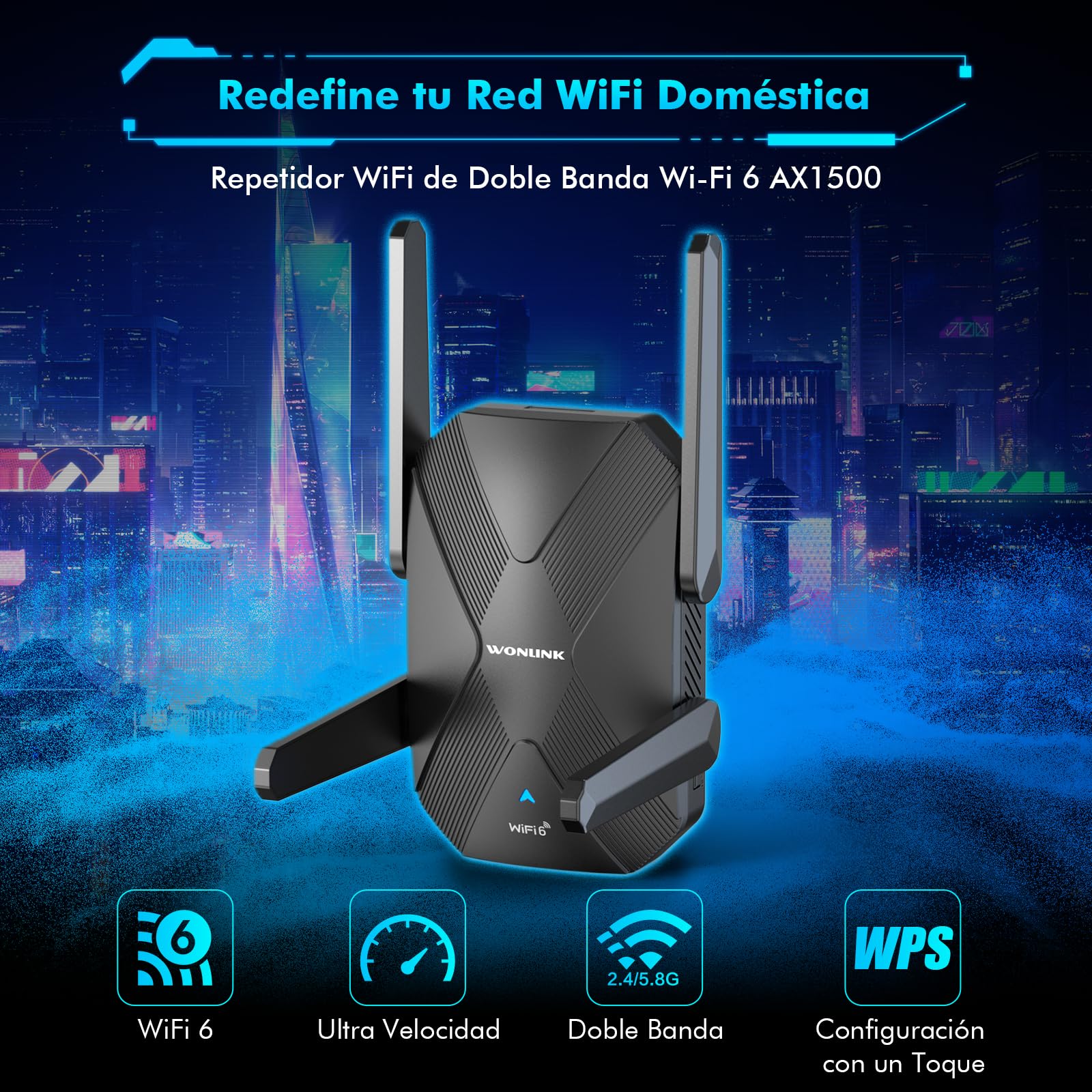 Repetidor WiFi 6 Amplificador Señal WiFi, AX1500 Dual Banda 5/2.4Ghz con 4 Antenas, Puerto de Ethernet, WPS, Luz Indicadora de Señal, Extensor WiFi Soporte Modo Repetidor/Router/Ap,Enchufe EU