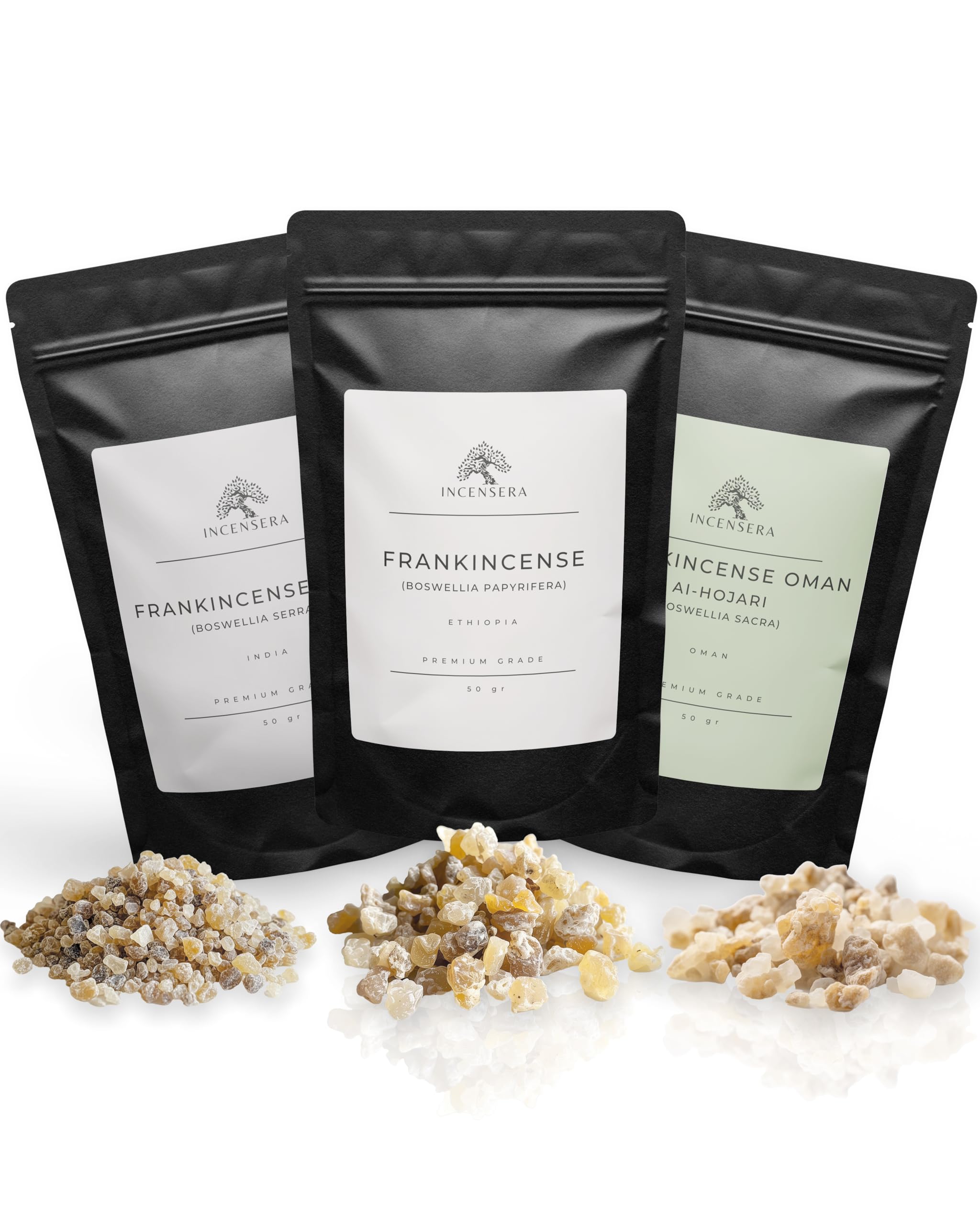 Incensera Frankincense Set – 150 g, Incense Resins (3x 50 g) – Frankincense from Oman, Ethiopia & India – Starter Set for Beginners, Rituals – Spiritual Resin Kit