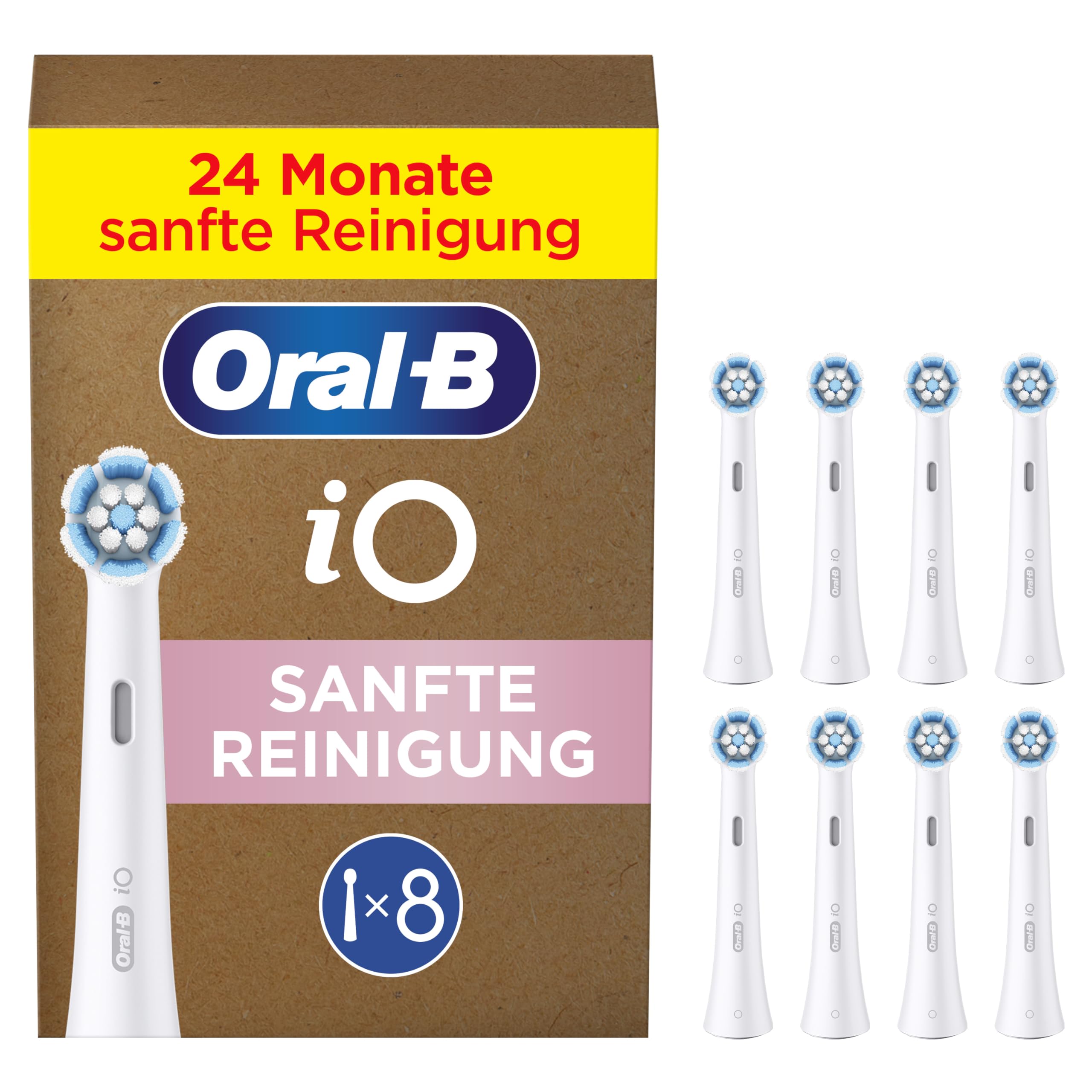 Oral-B iO Sanfte Reinigung Aufsteckbürsten — ORIGINAL Zahnbürstenaufsatz für Elektrische Oral-B iO Zahnbürsten — Ersatzbürsten, Bürstenköpfe für empfindliches Zahnfleisch & Zähne — Weiß, 8 Stück