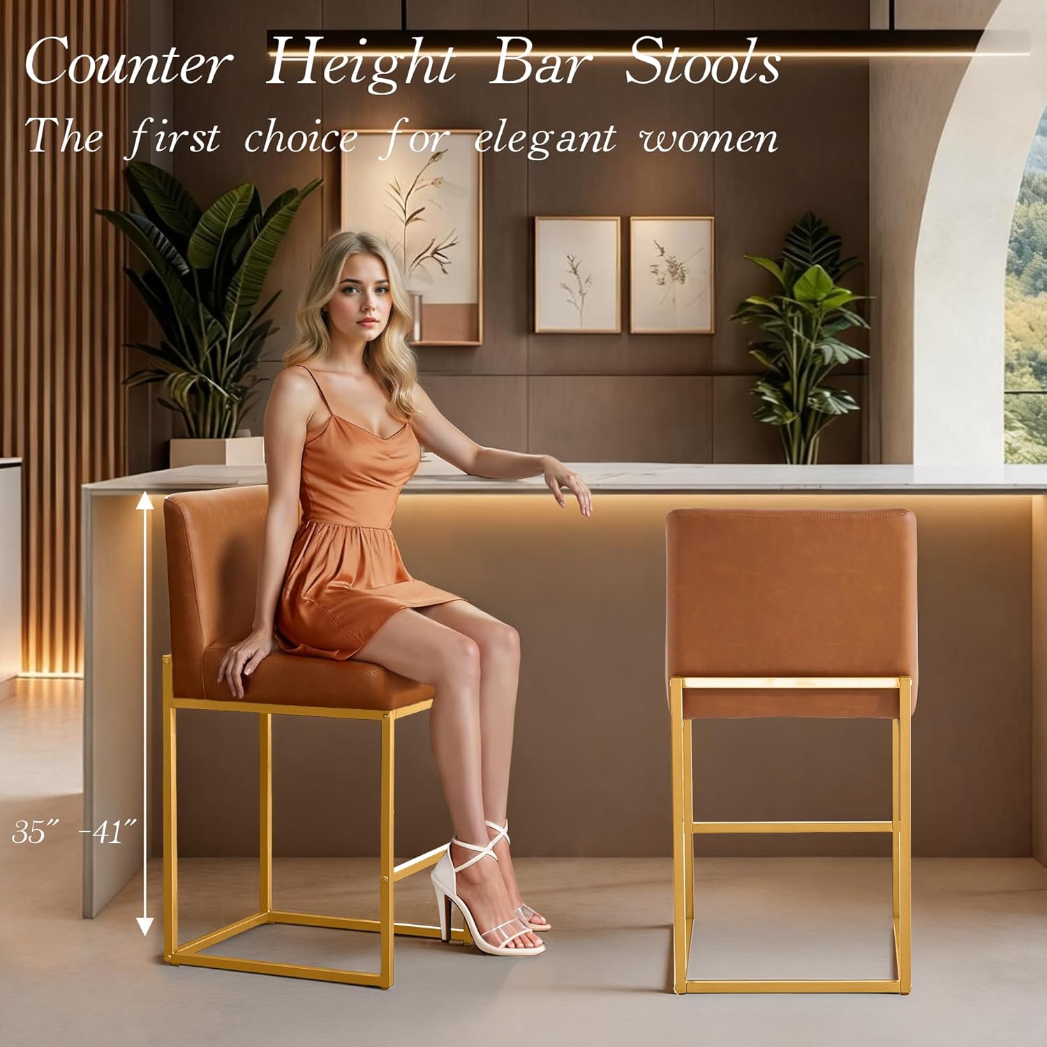 Counter Height Bar Stools,Bar Stools Set of 6,26" PU Leather Modern Kitchen BarStools with Backs,Bar Chairs with Metal Gold Frames,Camel Brown