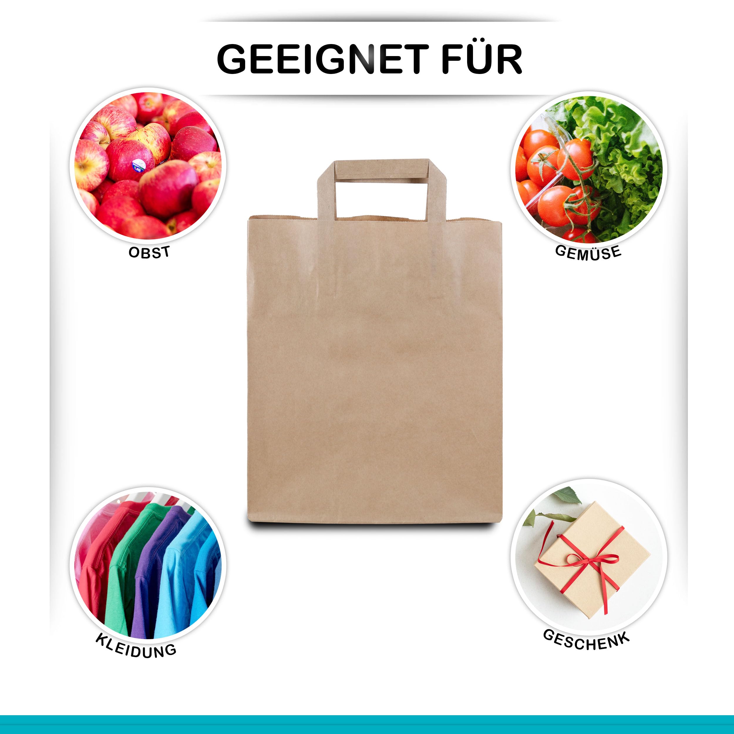 Commerline Papiertüten mit Henkel 26x20x28 cm, 250 Stück, Braun | Kraftpapier Tüten, Papiertragetaschen, Papiertaschen mit Henkel, reißfest, für Einkauf, Take-away, Geschenke, Verkauf