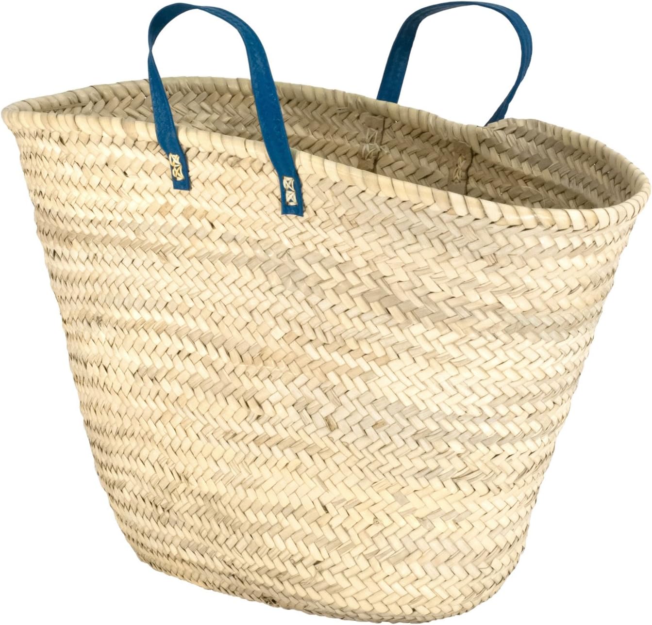 Moroccan Straw Market Bag w/Blue Leather Strip Handles, 25"Lx15"H - Ibiza