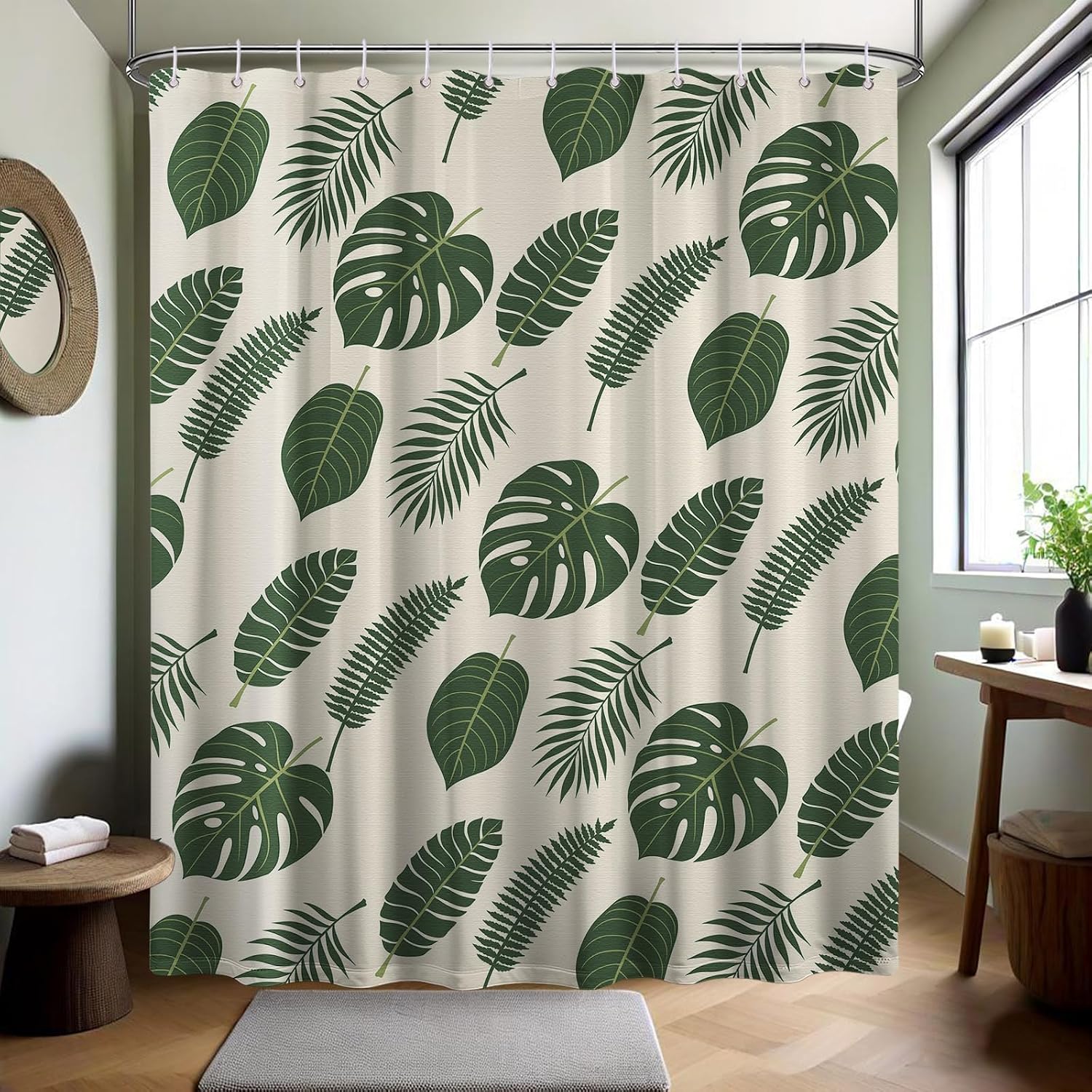 Green Plant Shower Curtain Sage, Olive Green Tropical Botanical Shower Curtains for Men Bathroom Decor, Waterproof Fabric 60 x 72 inch with Hooks