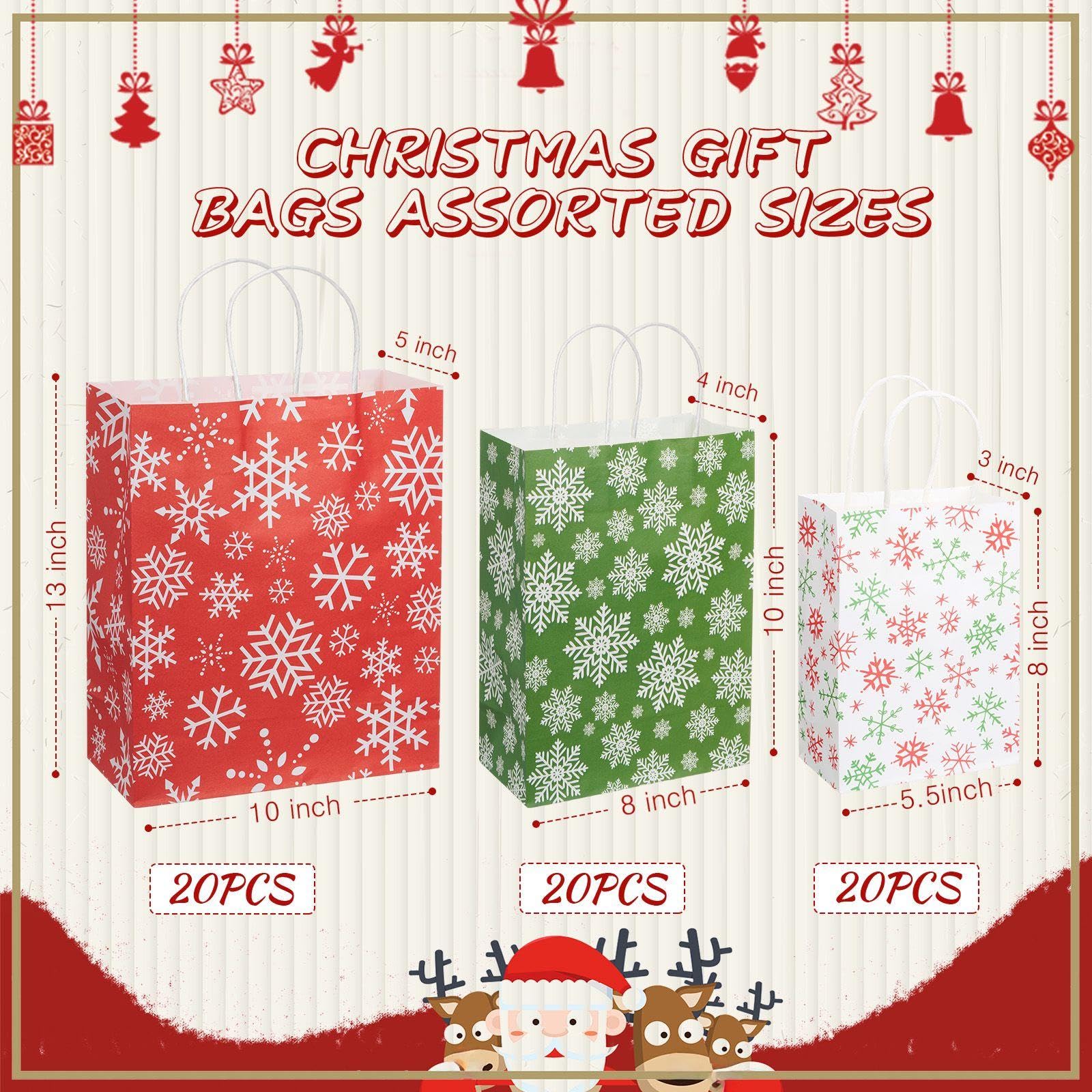 Kosiz Lot de 60 sacs cadeaux de Noël en papier kraft avec poignées de tailles assorties pour emballage cadeau (rouge et vert)