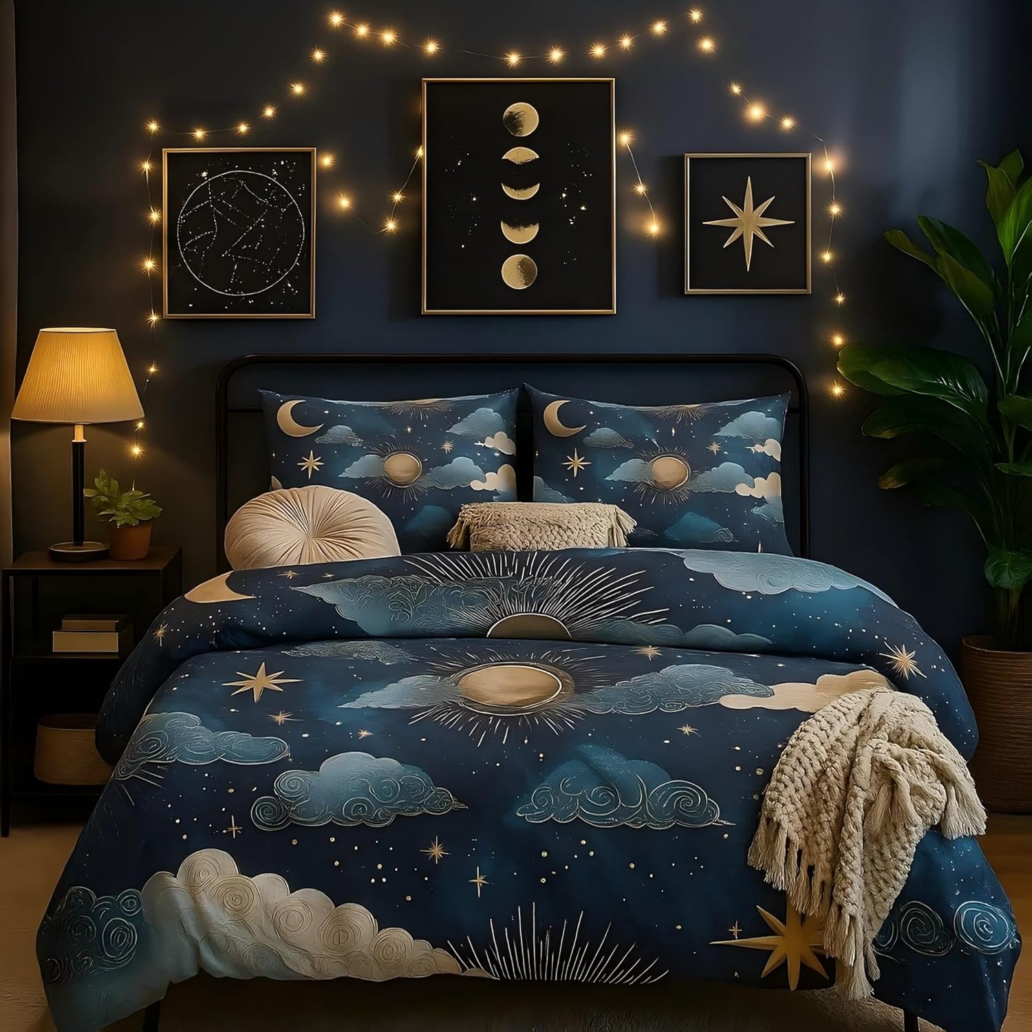 Celestial Duvet Cover Queen Size, Cloud Sun Moon Starry Sky Design Printed Design, Lightweight Microfiber Bedding Set 3 Pcs (2 Pillow Shams), Celestial Bedroom Decor, Zipper & Ties S#1198
