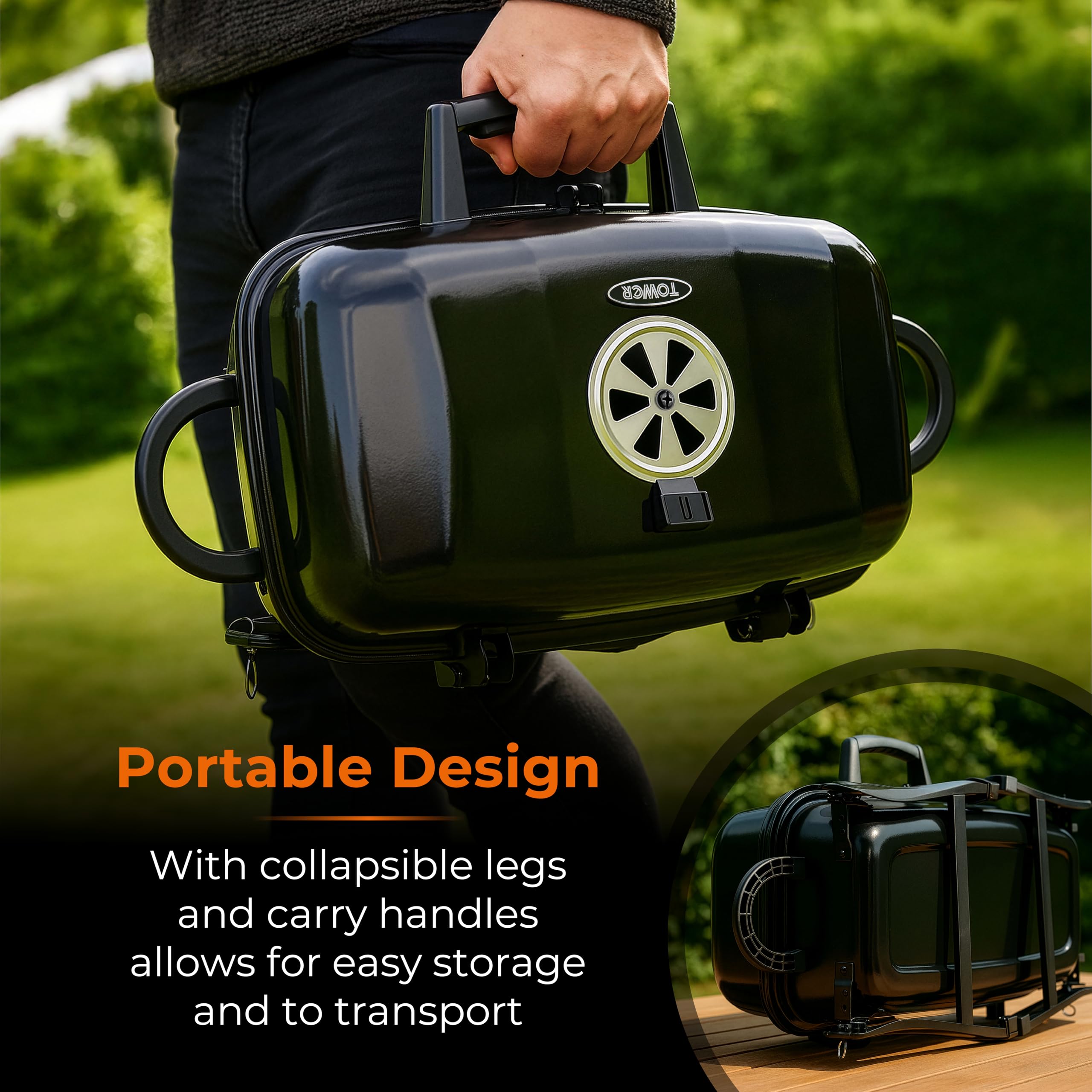 Tower T978539 - Griglia compatta a carbone con gambe pieghevoli e design portatile, colore: Nero