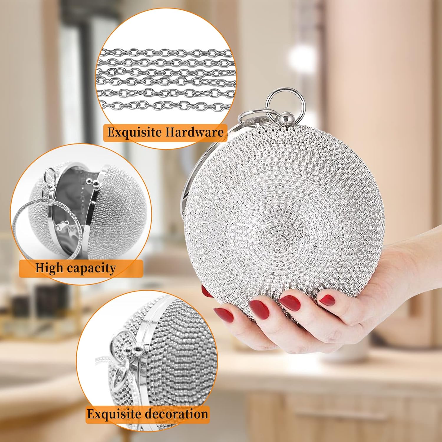 CORIOS Women's Round Ball Crystal Clutch Purse Rhinestones Evening Handbag Sparkly Sequin Glitter Shoulder Bag Bridal Wedding Purse Crossbody Bag for Wedding Banquet Prom Cocktail Party Silver