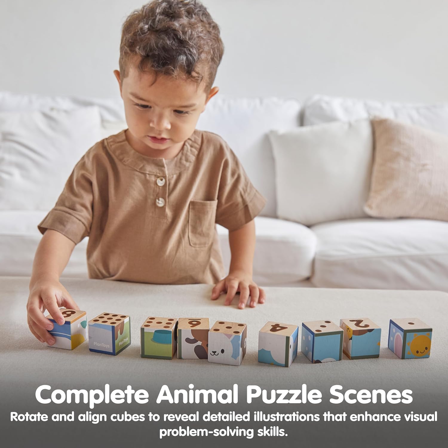PlanToys® Animal Puzzle Cubes Wooden Picture Block Puzzle for Kids Ages 3+ | Montessori Educational Toy That Builds Creativity, Problem-Solving & Cognitive Skills | Eco-Friendly Learning Toy