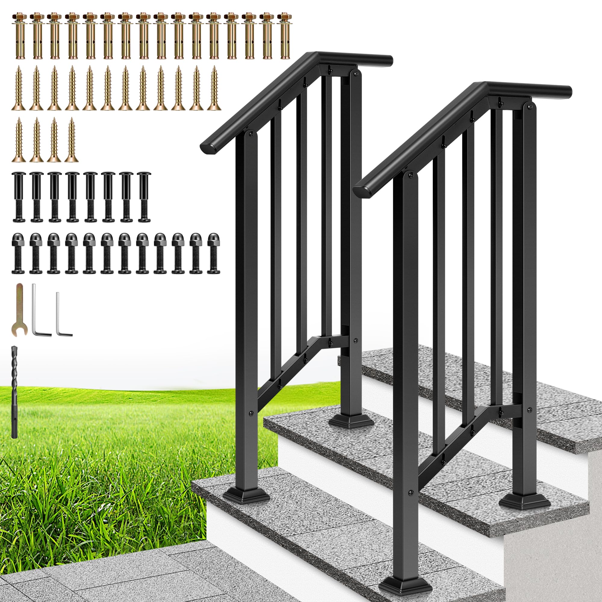 VIVOHOME 2-Pack 2 Step Galvanized Steel Hand Rails for Outdoor Steps - Black Oval and Safety Balusters Exterior Railing for Porch, Deck, or Indoor Stairs, Complete Installation Kit