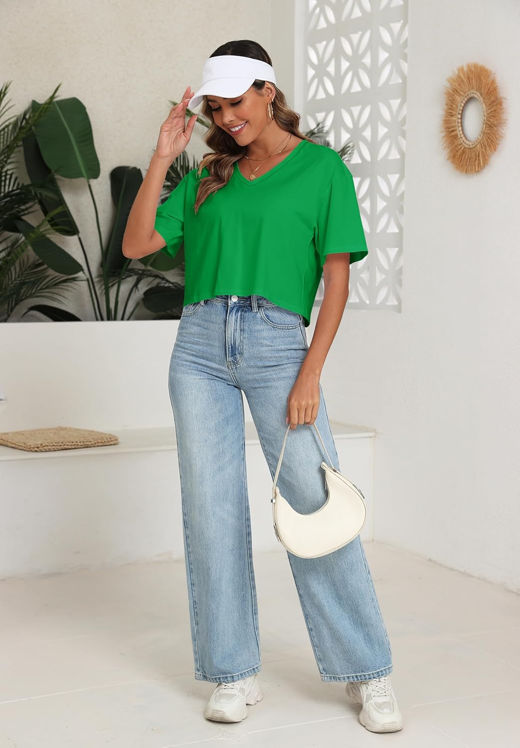 PRIMODA Women's Oversized Crop Tops Boxy V Neck Short Sleeve Cropped T Shirts Loose Summer Workout Crop Tee Tops - Image 3