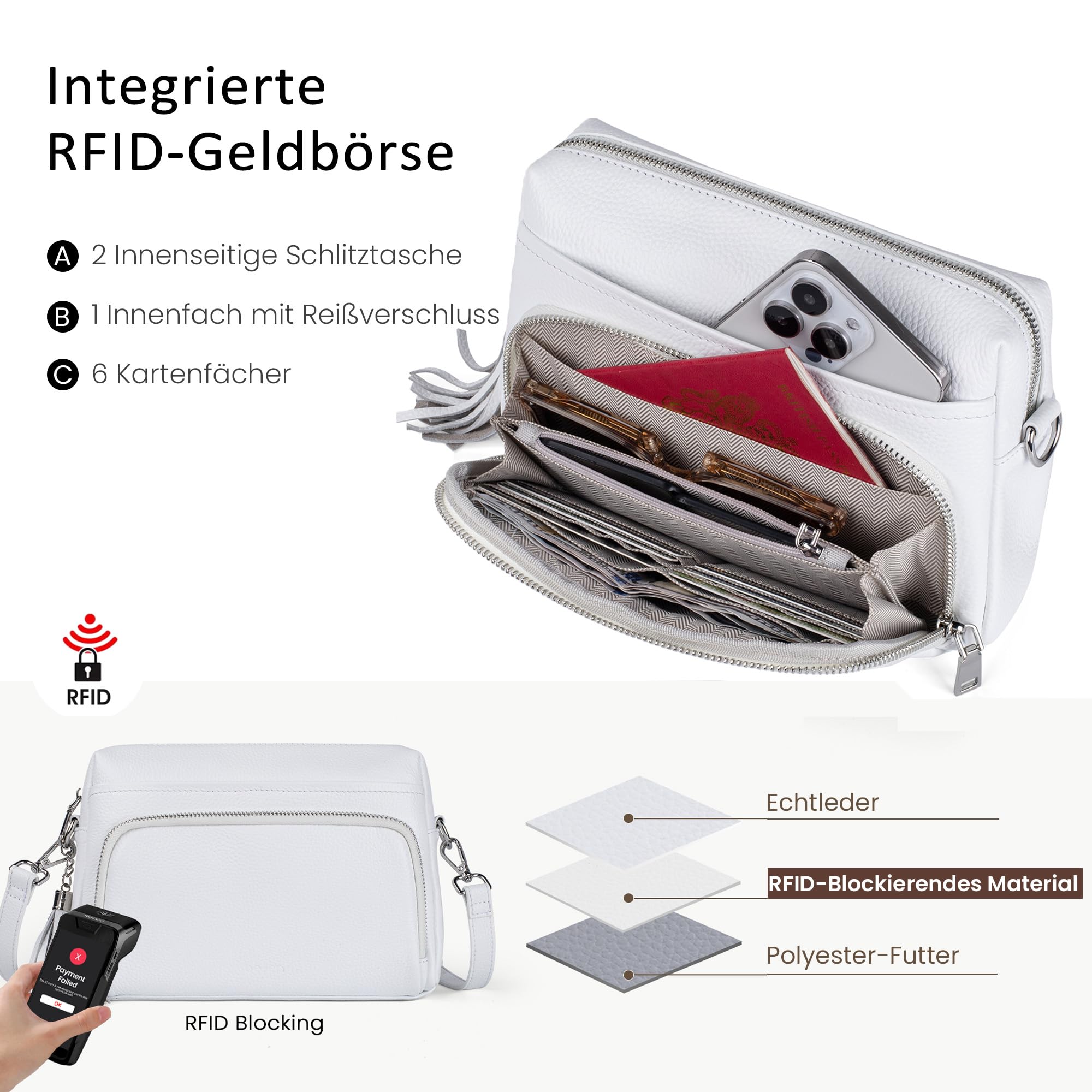 befen Echtleder Handtasche Damen Klein RFID-Blockierung Umhängetasche Leder | Crossbody Bag Leder Schultertasche Damen mit Integrierter Brieftasche, Handytasche zum Umhängen