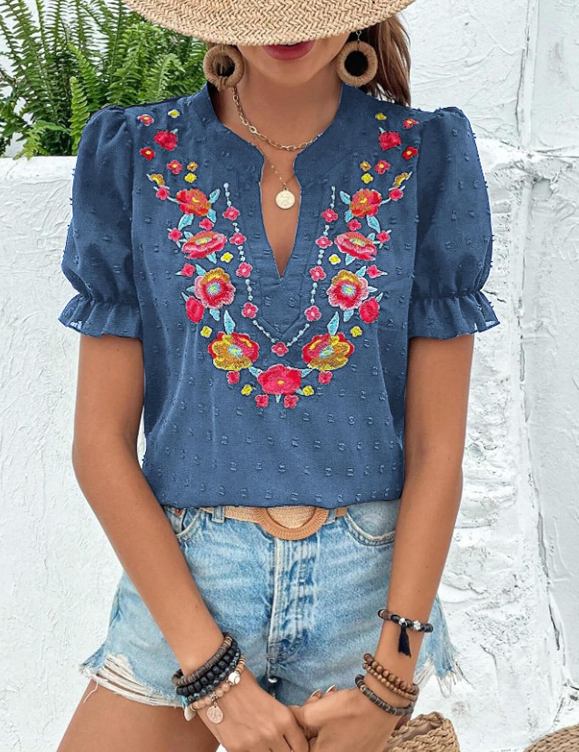 ZILIN Women's Casual Floral Embroidered V Neck Boho Short Puff Sleeve Shirts Loose Summer Blouses Tops Fashion Clothes 2026