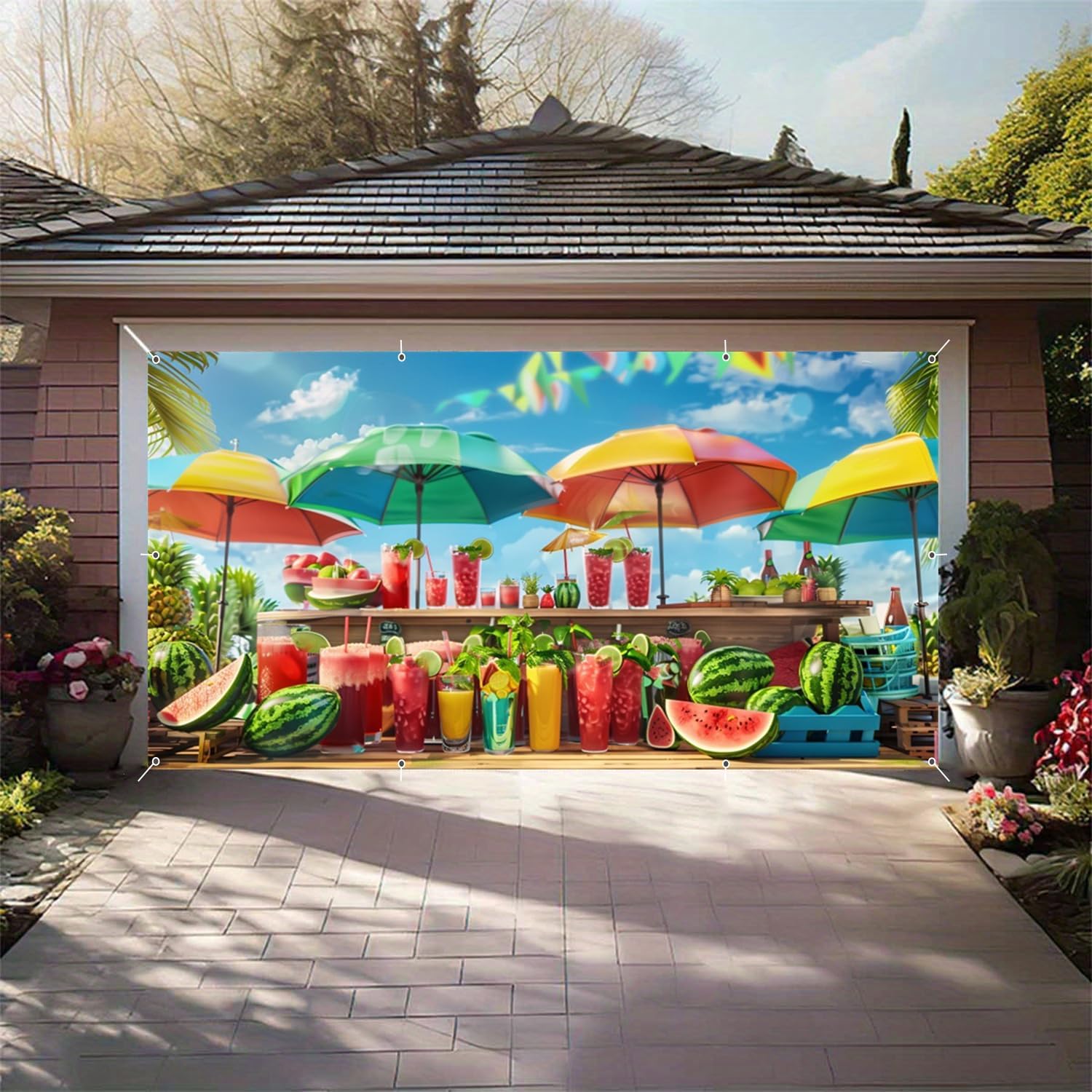 Summer Garage Door Decorations Cover 7x16ft Juice Watermelon Beach Garage Door Summer Decorations for 2 Car Large Banner Tropical Backdrop for Hawaiian Party Outdoor