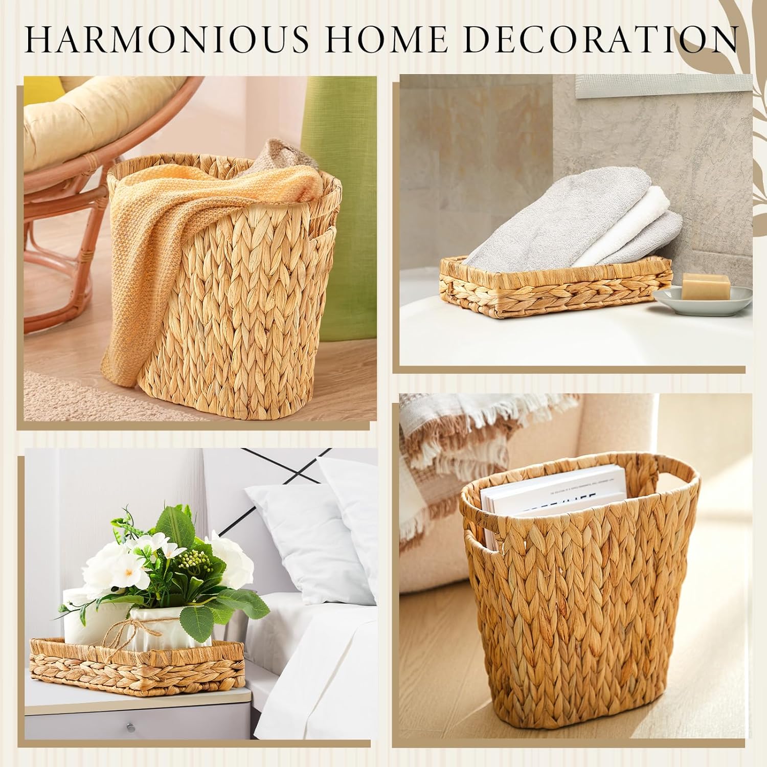 3 Pcs Bathroom Wicker Basket Set Wicker Trash Can Waste Paper Basket Rattan Tray Tissue Square Box Holder Bathroom Set Accessories for Bedroom Kitchen Office Spring Easter Boho Organizer Decoration