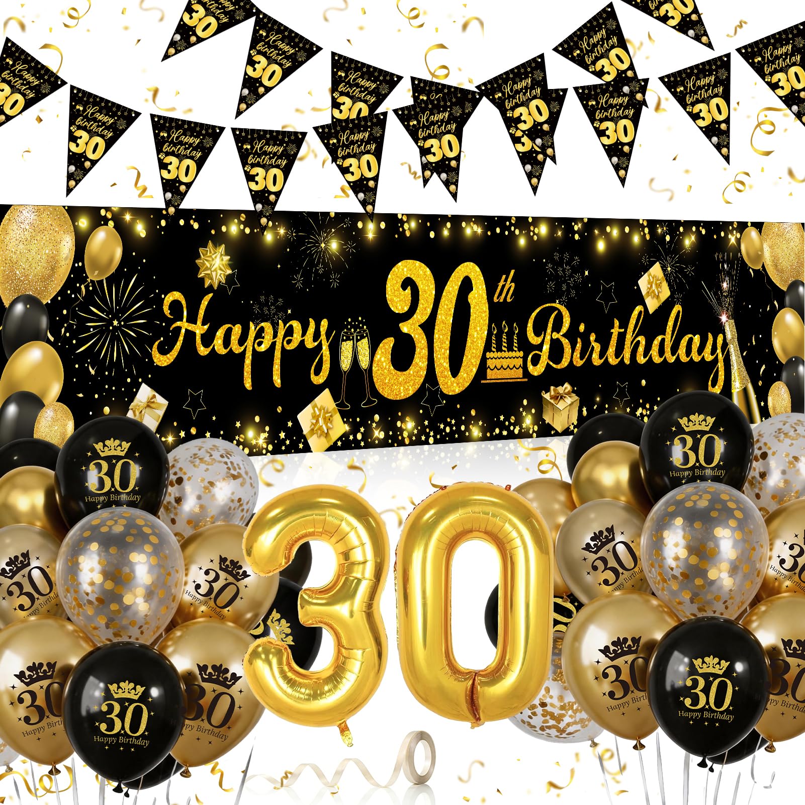 Geburtstag Luftballons Schwarz Gold, Dreiecksflagge,Banner