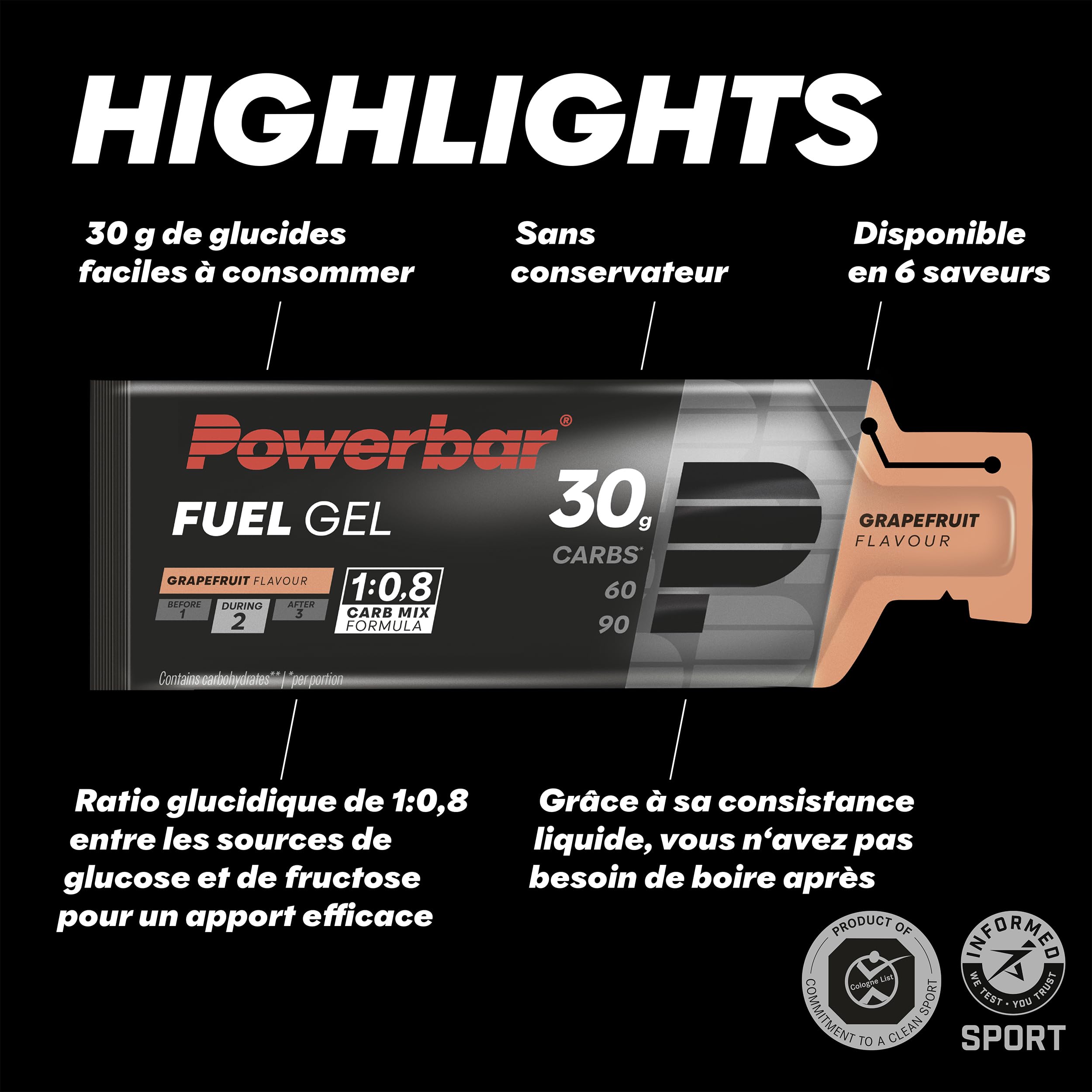 Powerbar - Black Line - Fuel 30 Gel - Grapefruit - 12x50ml - Gel énergétique riche en glucides - Sans caféine