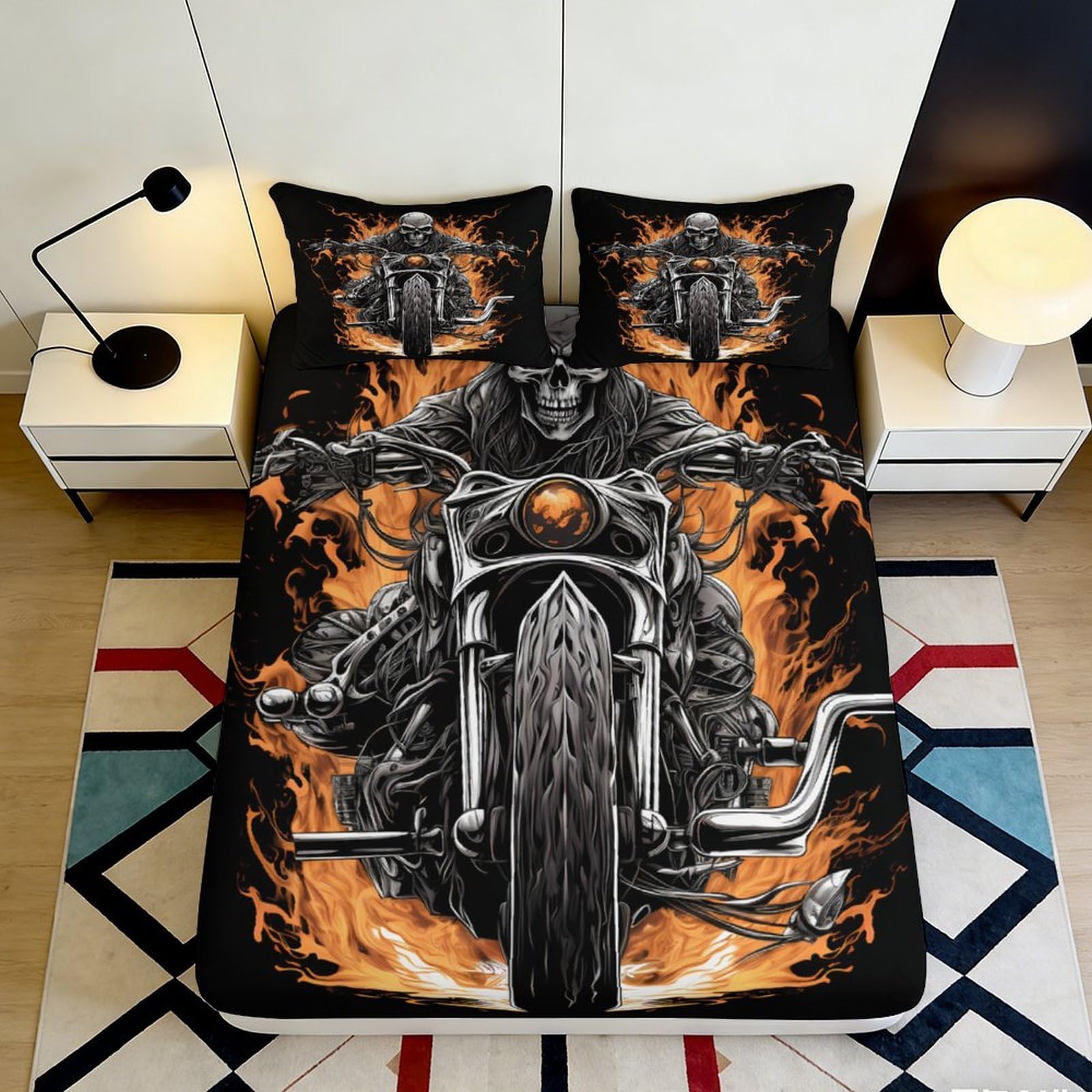 Pnayamiorkfel Style-2 3D Printed Flaming Skeleton Motorcycle Fitted Sheet Microfiber Bed Cover For Bedroom Dorm Mattress Decoration 90X200x25cm