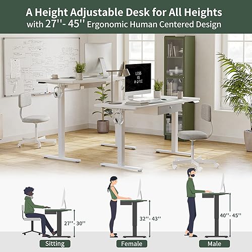 Miniatura 6 de FEZIBO Escritorio eléctrico de altura ajustable con cajón tablero de 63 x 24 pulgadas marco blancoparte superior blanca