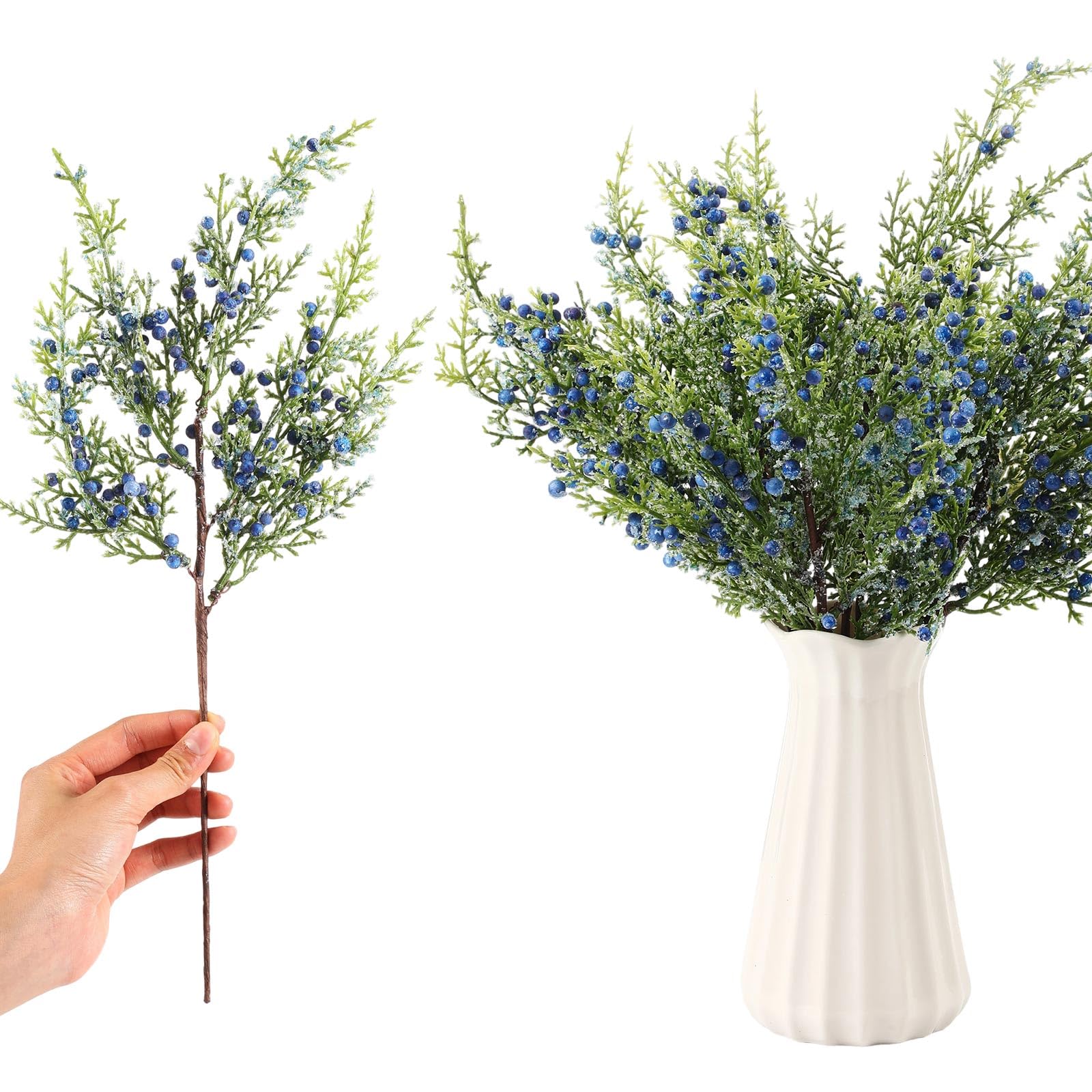 8 Pcs Winter Blue Berry Picks 16" Artificial Glitter Berry Juniper Tree Floral Greenery Stems Iced Winter Decor for Farmhouse Xmas Tree, Vase Fillers, Wreaths, Fireplace Mantels